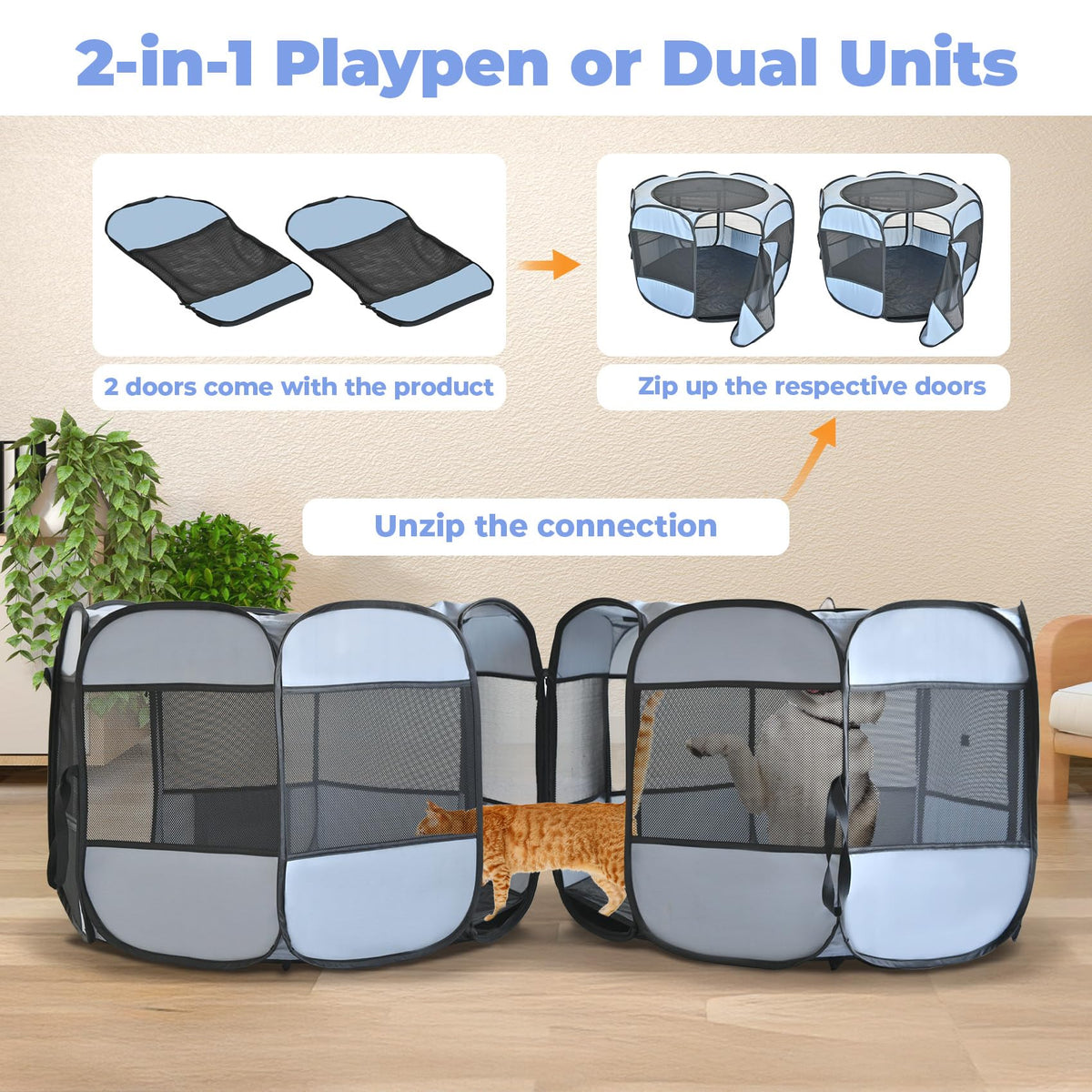 2-in-1 XLarge Cat Playpen, Detachable into 2 Separate Playpens with Additional 2 Doors, Portable Dog Playpen Cat Tent Enclosure for Kitten and Puppy Indoor Outdoor Use(L)