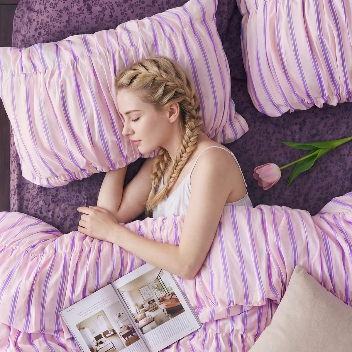 Merryword Pink Ruched Duvet Cover Set Queen Size 100% Cotton Bedding Set Pink and Purple Striped Aesthetic Duvet Cover with Zipper Closure and 8 Corner Ties
