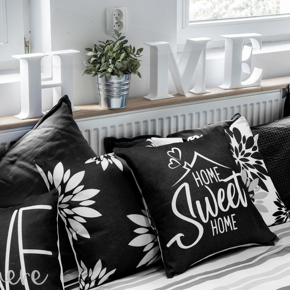 Flutesan 12 Pcs Decorative Throw Pillow Cover 18 x 18 Inch Modern Sofa Pillow case Geometric Floral Linen Square Cushion Covers for Home Living Room Bedroom Couch Chair(Black)