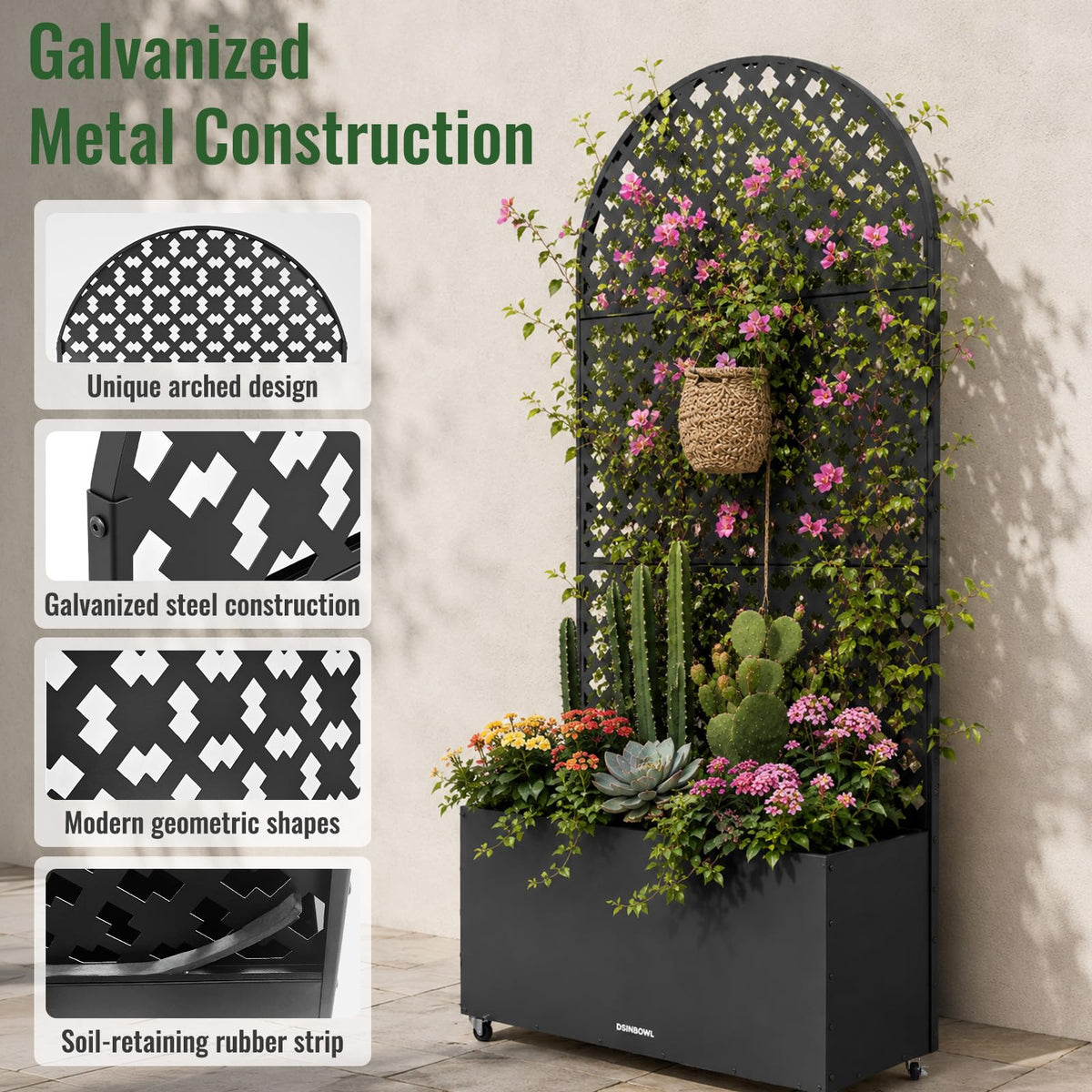 Metal Planter Box with Trellis and Wheels, 72.8 * 35.4 * 11.8IN Raised Garden Bed with Drainage Holes and Soil-Retention Mesh, Outdoor Privacy Screen Planter for Patio, Balcony, Deck and Garden