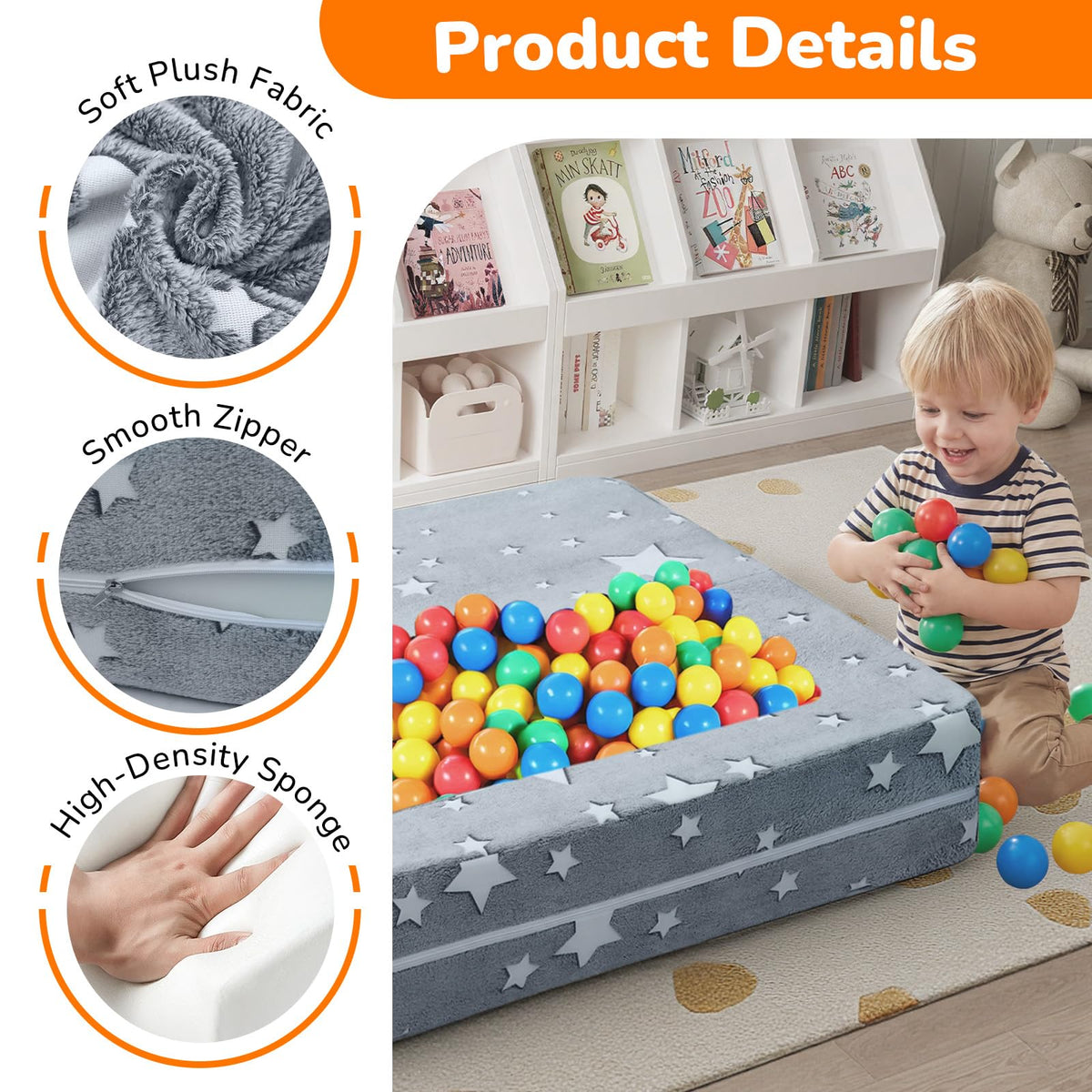MeMoreCool Modular Kids Play Couch Sofa – Glow-in-the-Dark Star Design, Fold-Out Toddler Couch for Playroom Furniture, Grey
