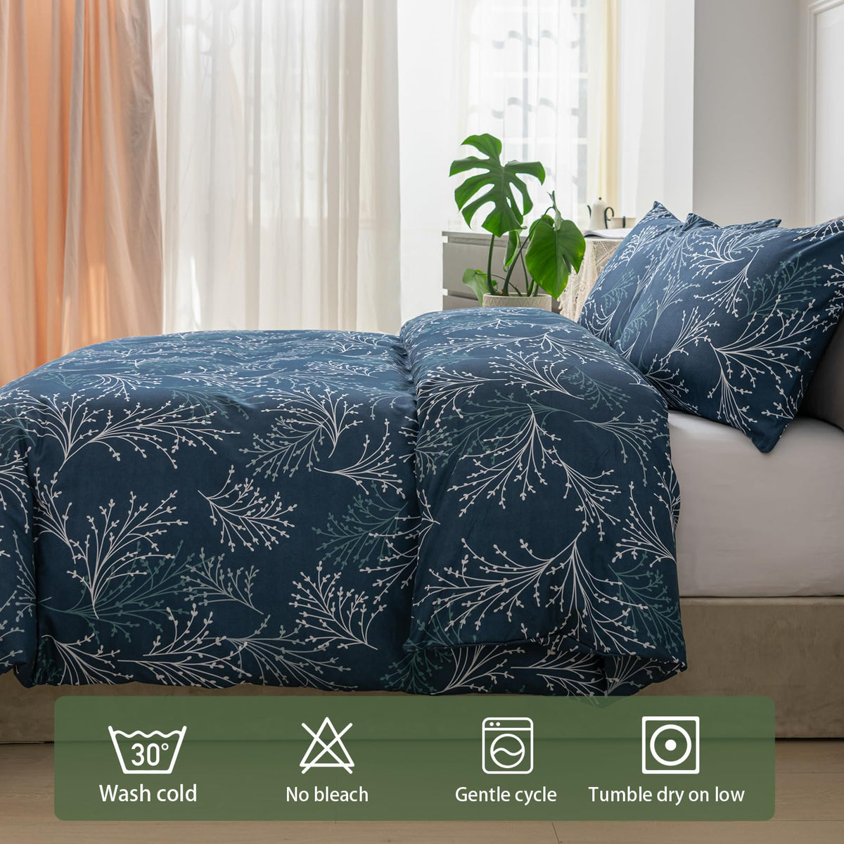 Lekesky Reversible Duvet Cover Queen Size, Navy Blue Branch Comforter Cover Queen 3pcs Microfiber Botanical Bedding Set with Zipper Closure Corner Ties