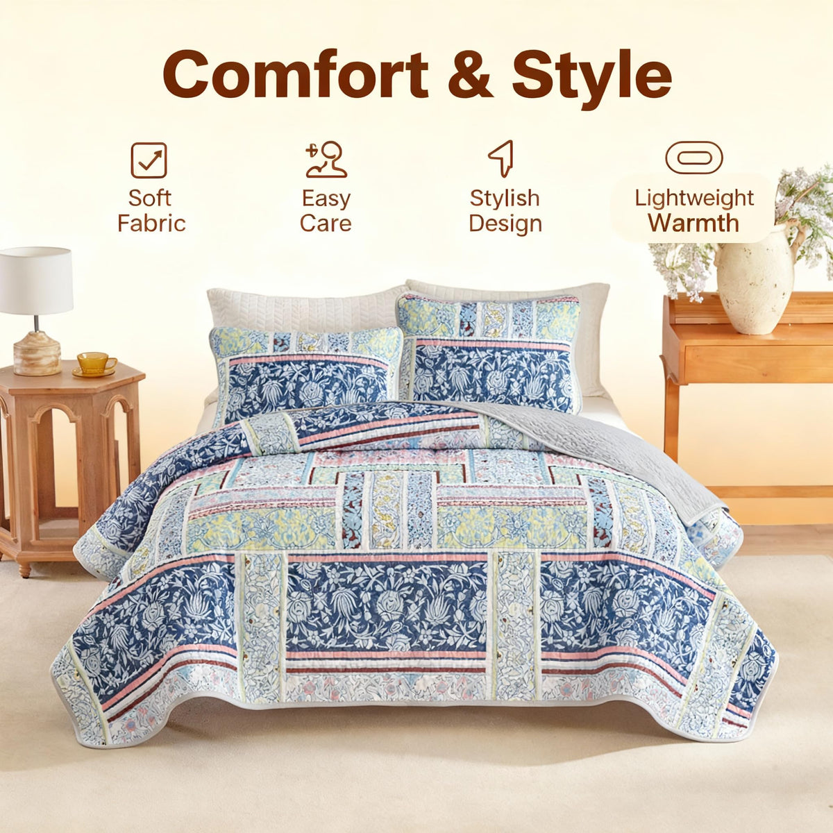 Andreannie Boho Style Quilts King Size Bedding Set Quilted Bedspread Blue Bohemian Blue Floral Soft and Lightweight Bedspread for All Season, Bedding Coverlet with 2 Matching Pillow Shams (3 Pieces)