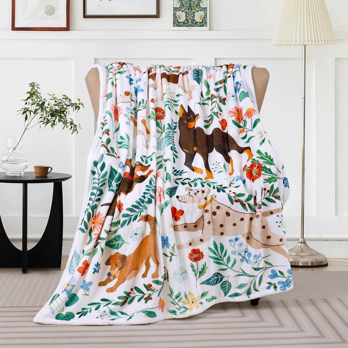 Dog Blanket Ultra Soft Floral Throw Blankets Gifts for Dog Lover Blanket Flower Leaves Flannel Fleece Throw Lightweight Warm Cozy Fuzzy Plus Cabin Blanket for Bed Sofa, 50" X 60"