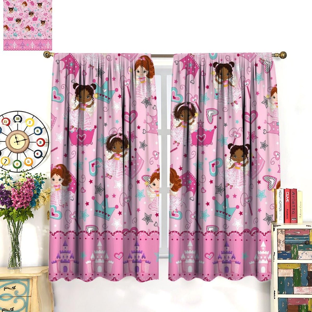 AAVEUP Kids Black Girls Curtains,Cartoon Pink Fantasy Magic Princess Castle Star Love African American Black Girl Window Treatments Drapes for Girls Living Room Bedroom 42x45in（No Blackout）