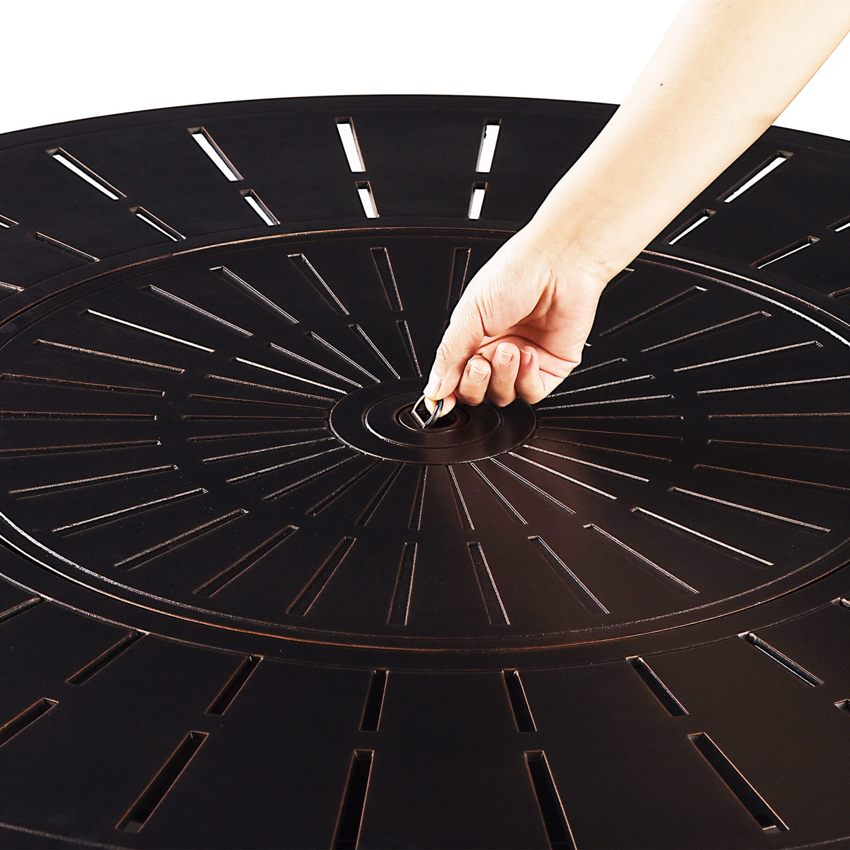 Oakland Living Aluminum 57,0000 BTU 44 in. Round Propane Black Fire Pit Table with Fire Beads, Lid, Propane Tank Cover and Table Fabric Covers in Copper Finish, (AZNOBU-FPT-AC)