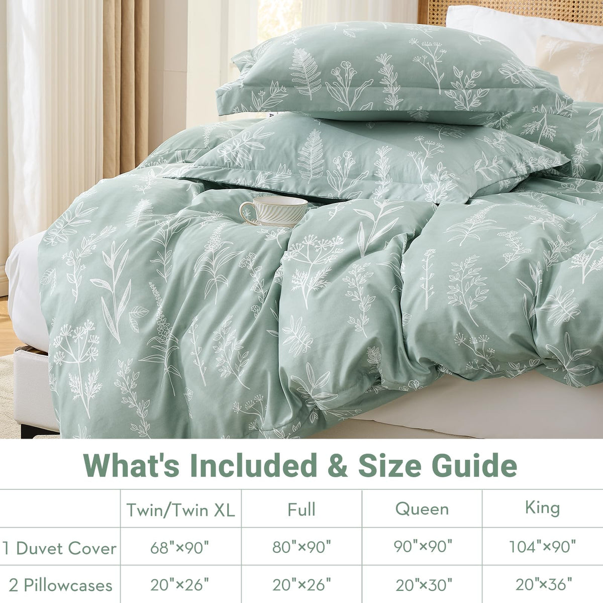 MUXHOMO Duvet Cover King Size, Reversible Floral Green Duvet Cover Set with Zipper Closure, 3 Pieces Botanical Patterns Soft Microfiber Bedding Set (90"x104", 2 Pillow Cases 20"×36")