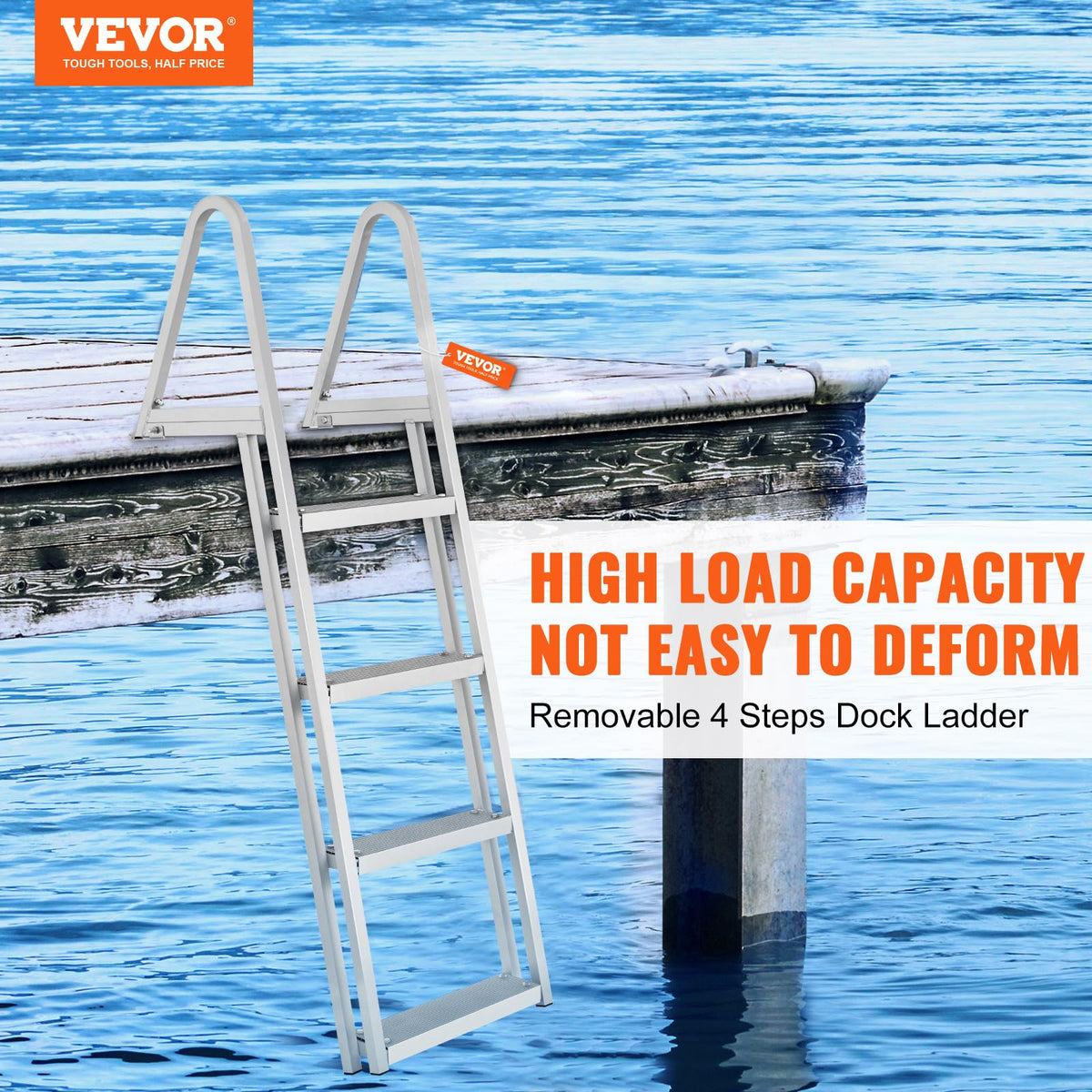 VEVOR Removable Dock Ladder 4 Steps, 350 lbs Load Capacity, Pontoon Boat Ladder with 4'' Wide Step & Nonslip Mat for Ship/Lake/Pool/Marine Boarding