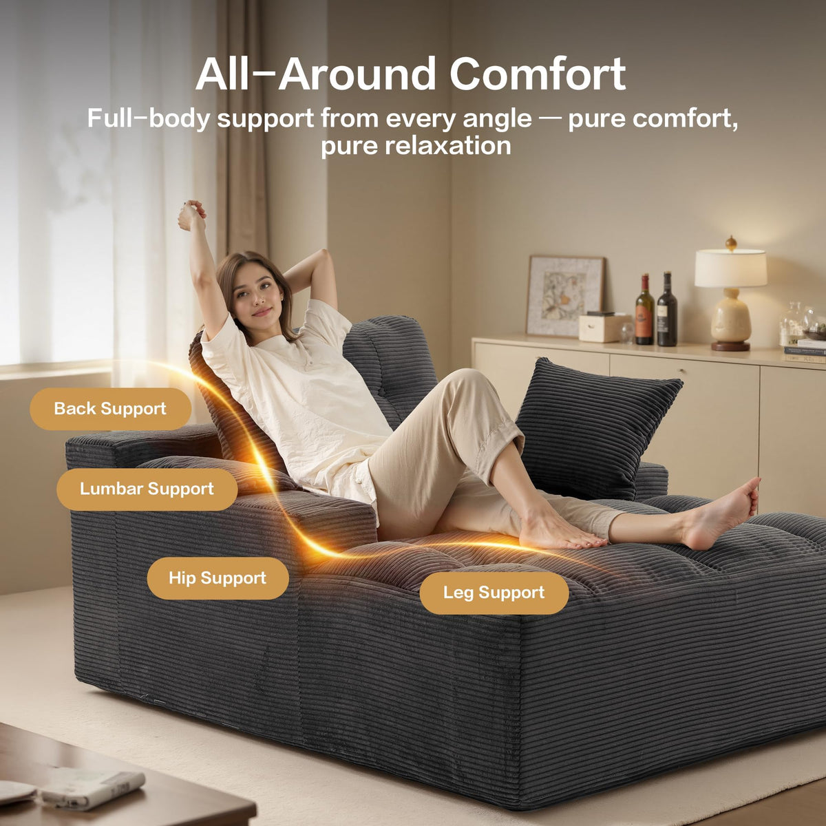 spanspace Chaise Lounge Chair Indoor, Oversized Sleeper Sofa Couch Bed with Removable Armrest Pads, Boneless Couch for Living Room, Bedroom