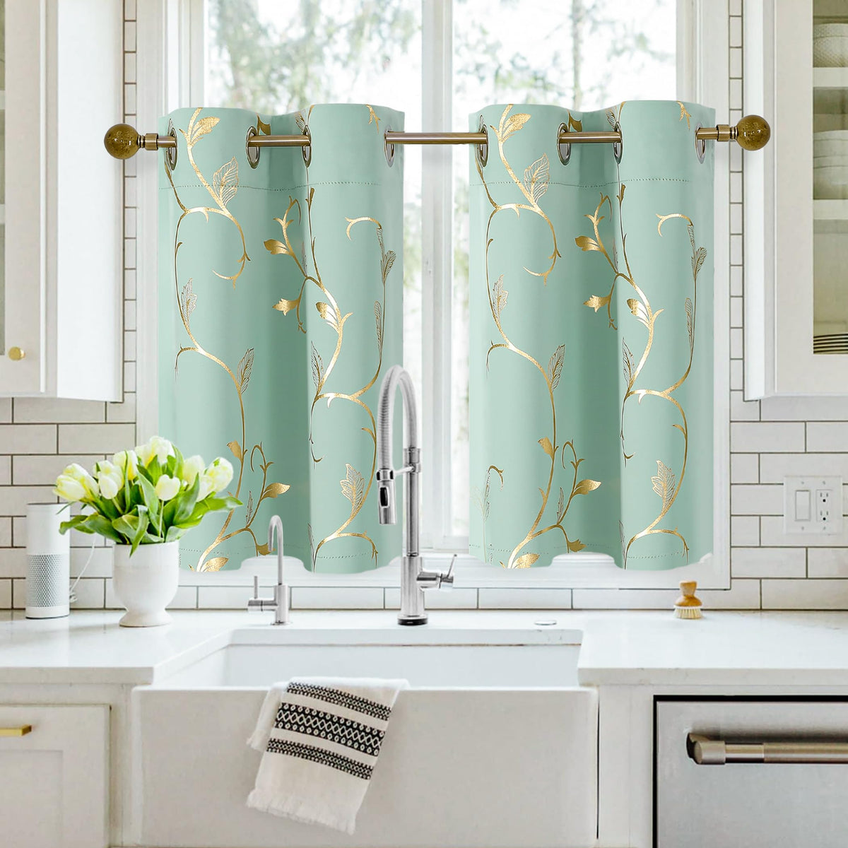 BUHUA Blackout Small Window Curtains for Kitchen and Bedroom Gold Foil Print Flower Grommet Short Thermal Insulated Room Darkening Curtains, Aqua, 26Wx36L, 2 Panels