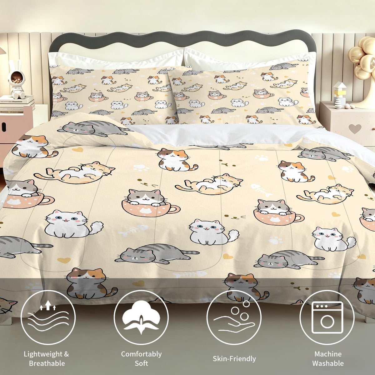 EDGZKO Cat Comforter Set Full Size Cartoon Cat Pattern Princess Bedding Set Soft Toddler Quilt Duvet Set Full Bed Set for Girls Kids Teens Adults Nursery 1 Comforter 2 Pillowcases
