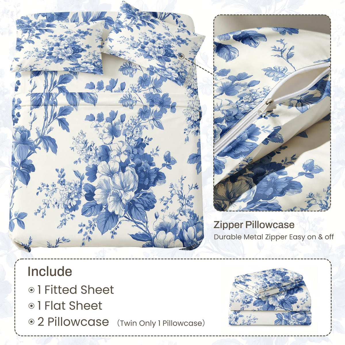 Blue and White Floral King Sheet Set 4 Pcs Chinoiserie Bed Sheets