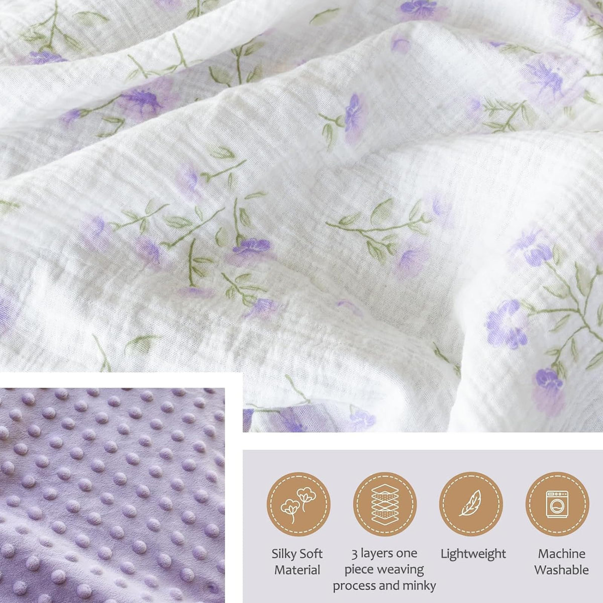 BOPRIO Baby Blankets for Unisex Boys Girls Super Soft Nursery Minky Blankets with Breathable Muslin Cotton Front and 3D Touch Dotted Fleece Backing, Floral Printed Bed Throws Newborn 30 x 40 Inch