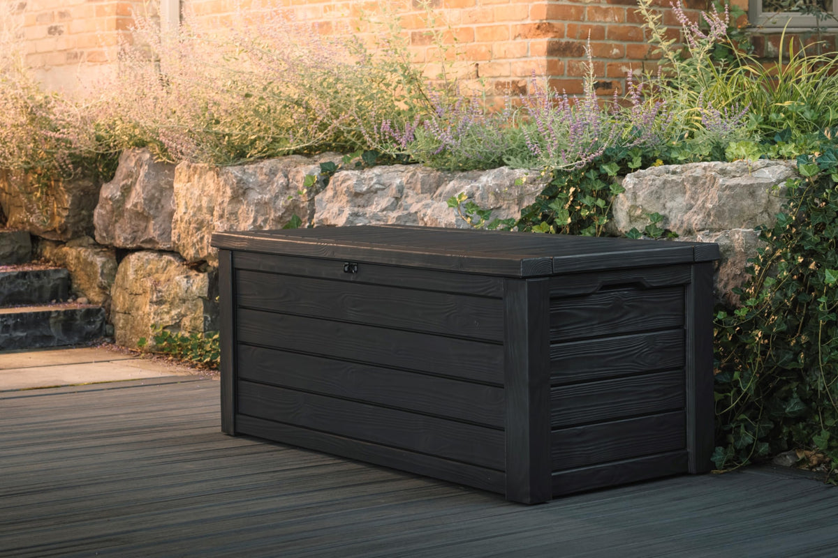 Keter Westwood 150 Gallon Resin Large Outdoor Storage Box for Patio Furniture, Outdoor Cushions, Garden Tools and Pool Floats, Dark Grey