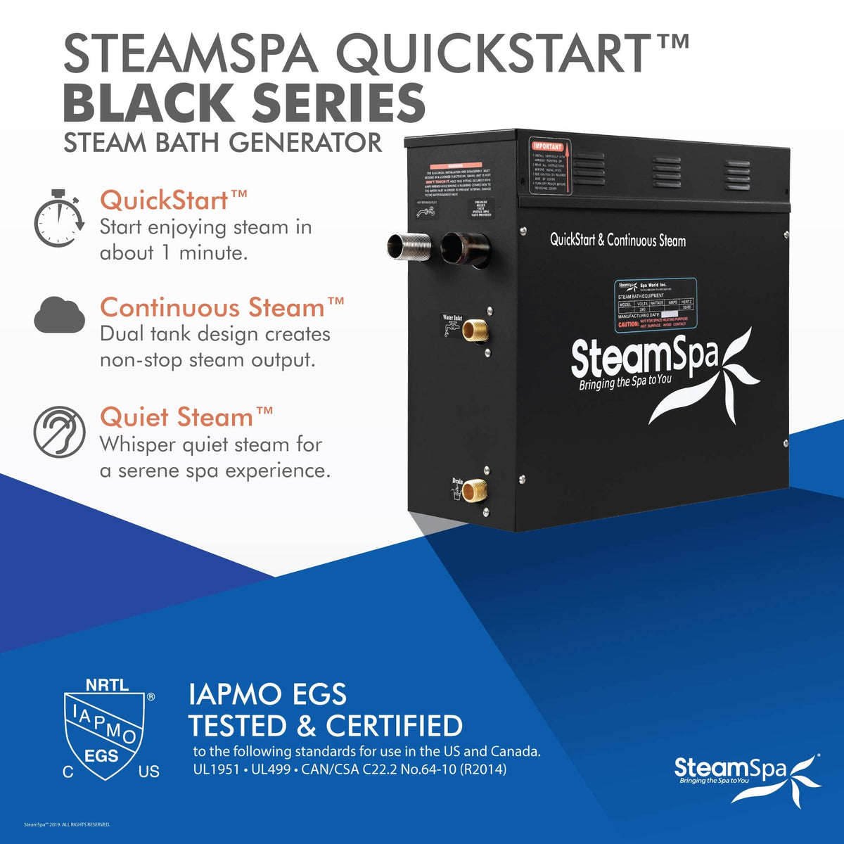 SteamSpa Generator with Quick Start Continuous Steam Technology, Wi-Fi, Bluetooth and Autodrain | 15kW Steam Generator with Gold Steam Head with Aromatherapy Reservoir | RVB1500GD-A