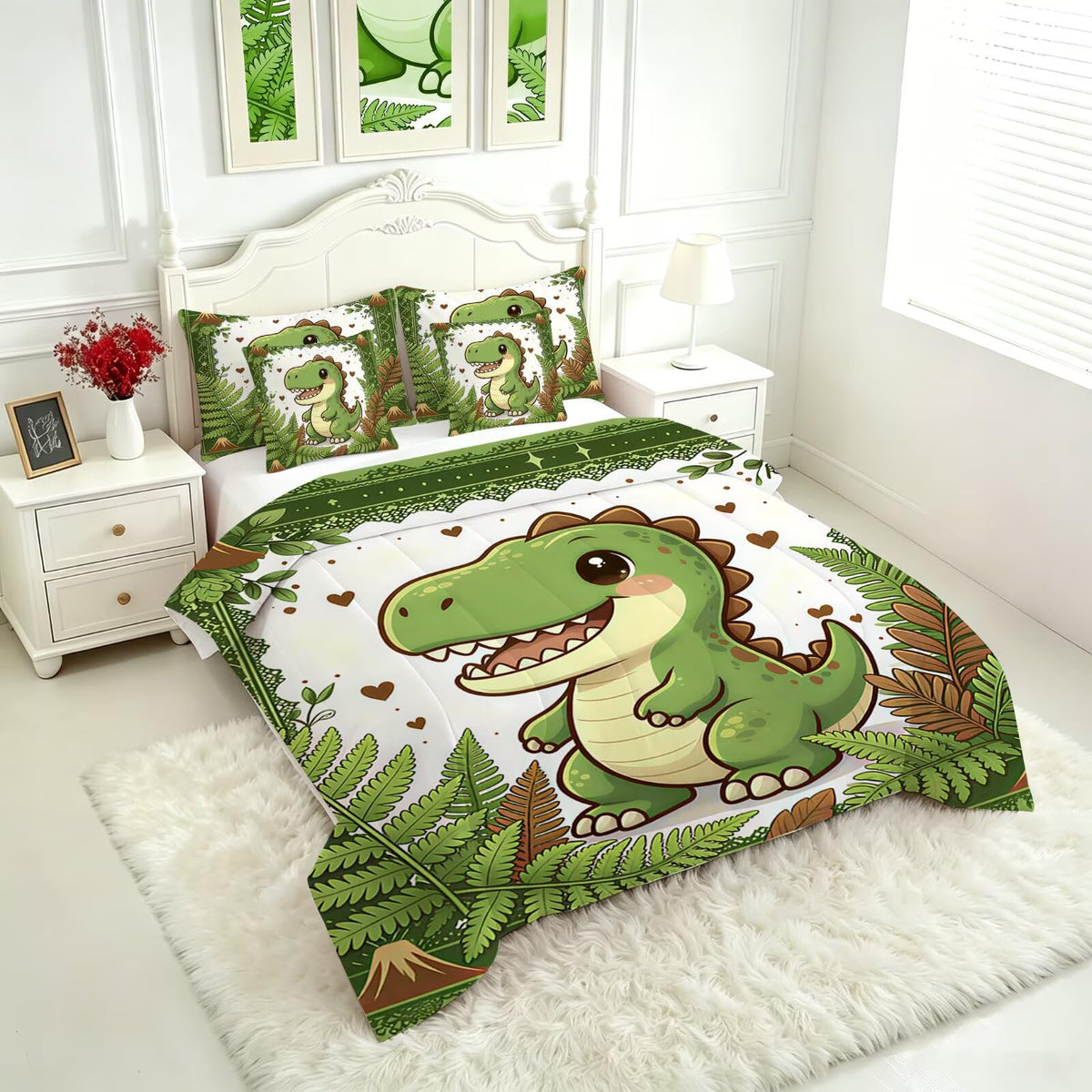 FUYEUN 7 Pcs Kids Bedding Comforter Set Queen Size, Cartoon Dinosaur & Volcano Print, Ultra Soft Microfiber Bed in a Bag with Flat Sheet & Pillowcases,Children Bedroom Decor