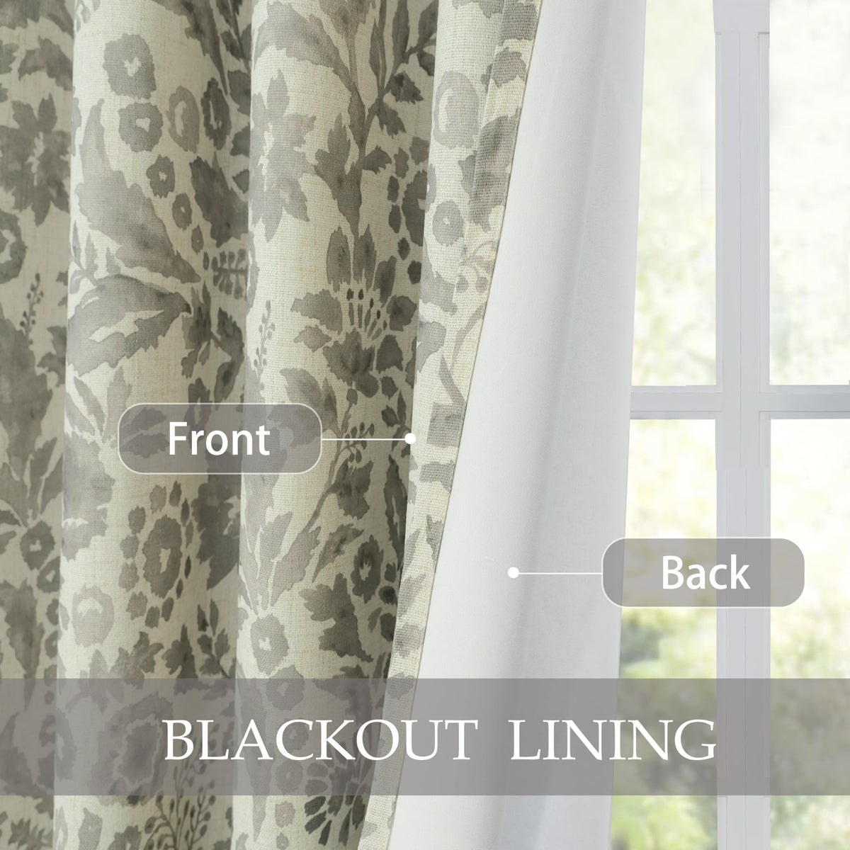 DriftAway Julia 100% Blackout Linen Curtains for Bedroom Gray Floral Watercolor Pattern Double Layer Thermal Insulated Sound Reducing Drapes for Living Room Grommet 2 Panels Each W52 x L84 Linen Gray