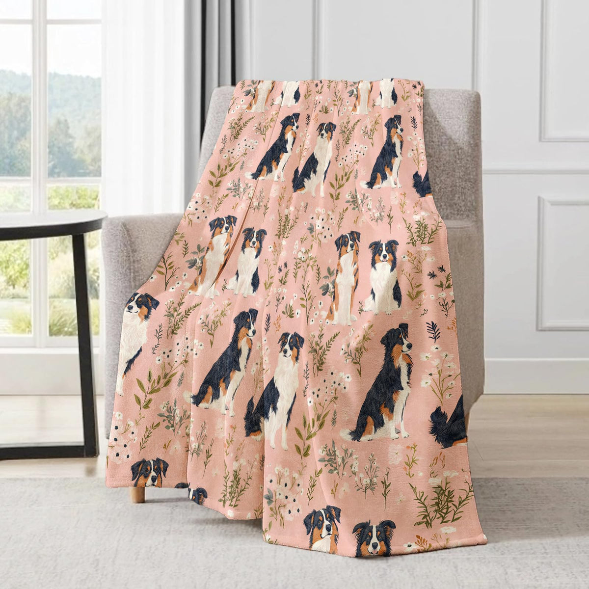 ainori Australian Shepherd Blanket - Cute Dog and Floral Pink Fleece Throw,Gifts for Kids Girls Women, Soft & Warm,Lightweight, for Charming Modern Decor, Dog Lovers, and Room Home Accents 50x60in