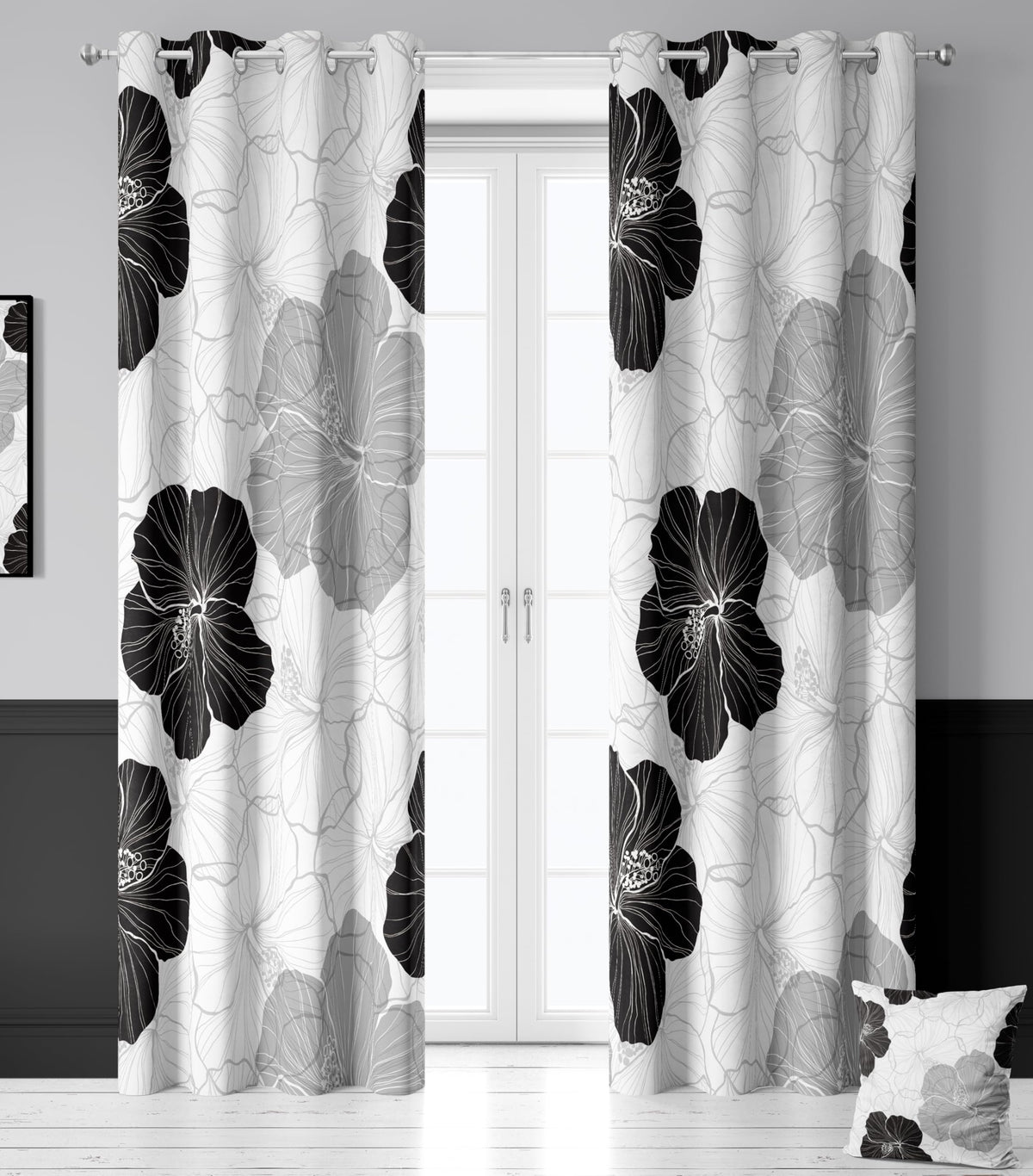 LADYVOGUE 100% Blackout Curtains 2 Panels Set Black White Grey Floral Black Out Curtain Gray Flower Chic Thermal Insulated Window Treatments Decor for Living Room Bedroom Darkening Curtain 52x84 Inch