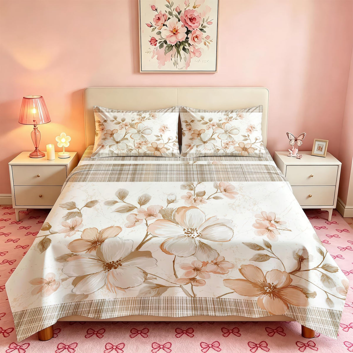 Plaid and Floral Full Sheet Set Farmhouse Flat Fitted Sheet Sets