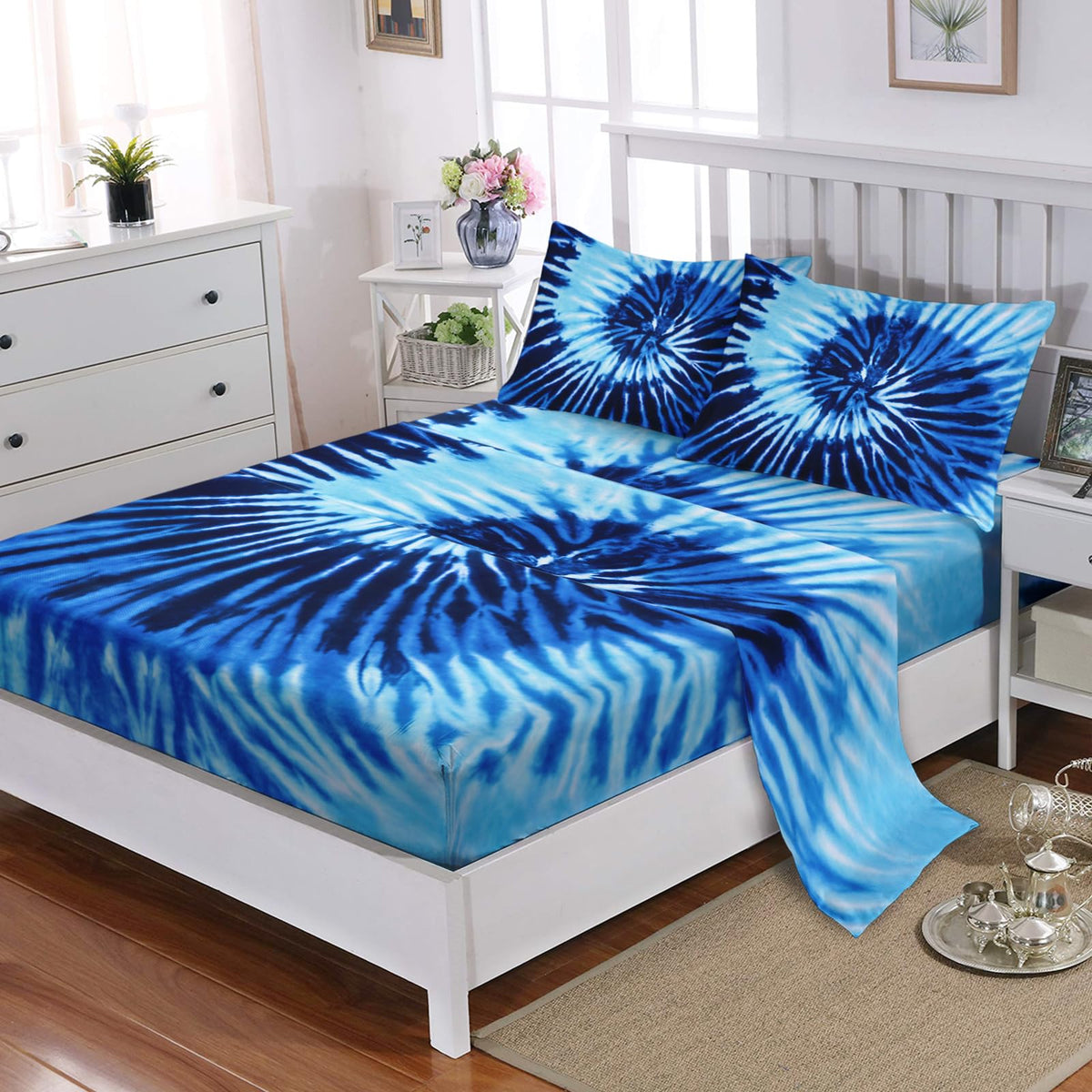 Nttopship Blue Tie-dye 4 Pieces Bed Sheet Sets Full Size Abstract Modern Art Bedding Sets with 16" Deep Pockets Graffiti Bedroom Decor,Bedding Set 4 PCS(1 Fitted+1 Flat+2 Pillowcases)
