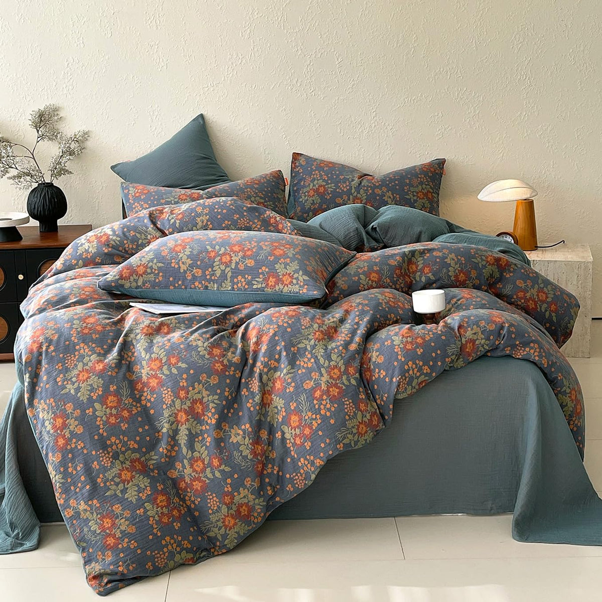 VM VOUGEMARKET Rustic Double Layer Gauze Jacquard Duvet Cover Queen, Dusty Slate Blue with Retro Orange Floral Print, Soft Breathable Boho Comforter Cover with Zipper&Ties