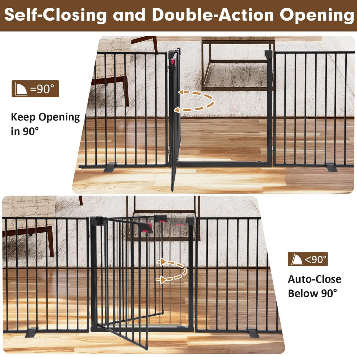 Furggis 156" Extra Wide Dog Gate, Heavy Duty Metal Freestanding Dog Gate with Door for Indoor & Outdoor, Foldable Pet Fence for Doorways,House,Porch,Deck,Yard,Stairs, Auto Close(6 Panels,Black)