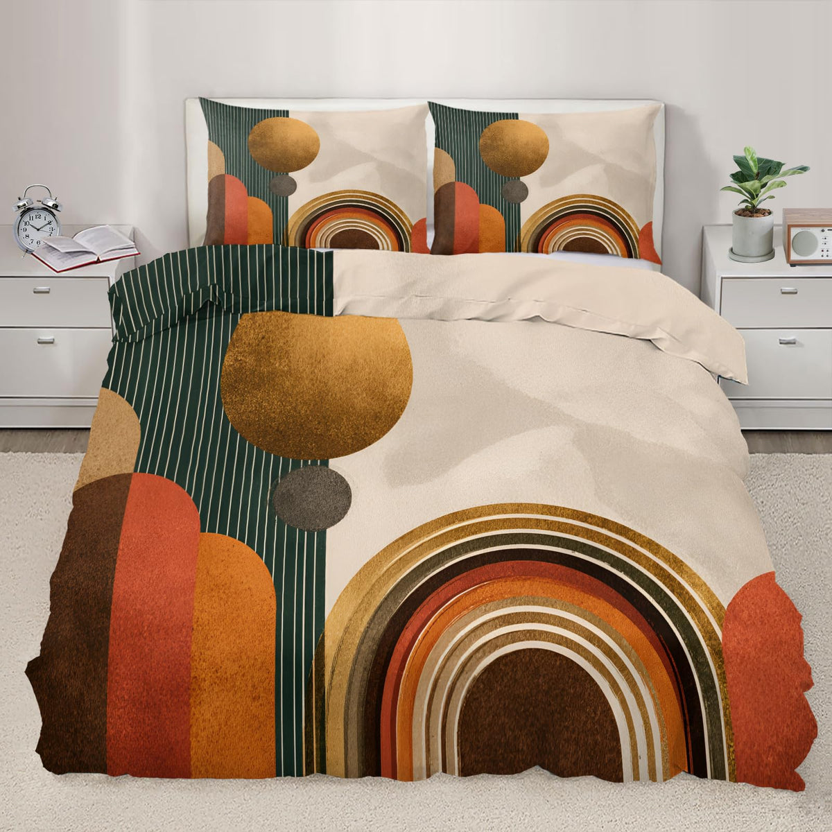 ZAOMIR Mid Century Modern Duvet Cover Twin Size, Boho Abstract Geometric Line Bedding Set 3 Piece, Sun Boho Geometric Patterned Comforter Cover with Zipper Soft Microfiber, 2 Pillowcases