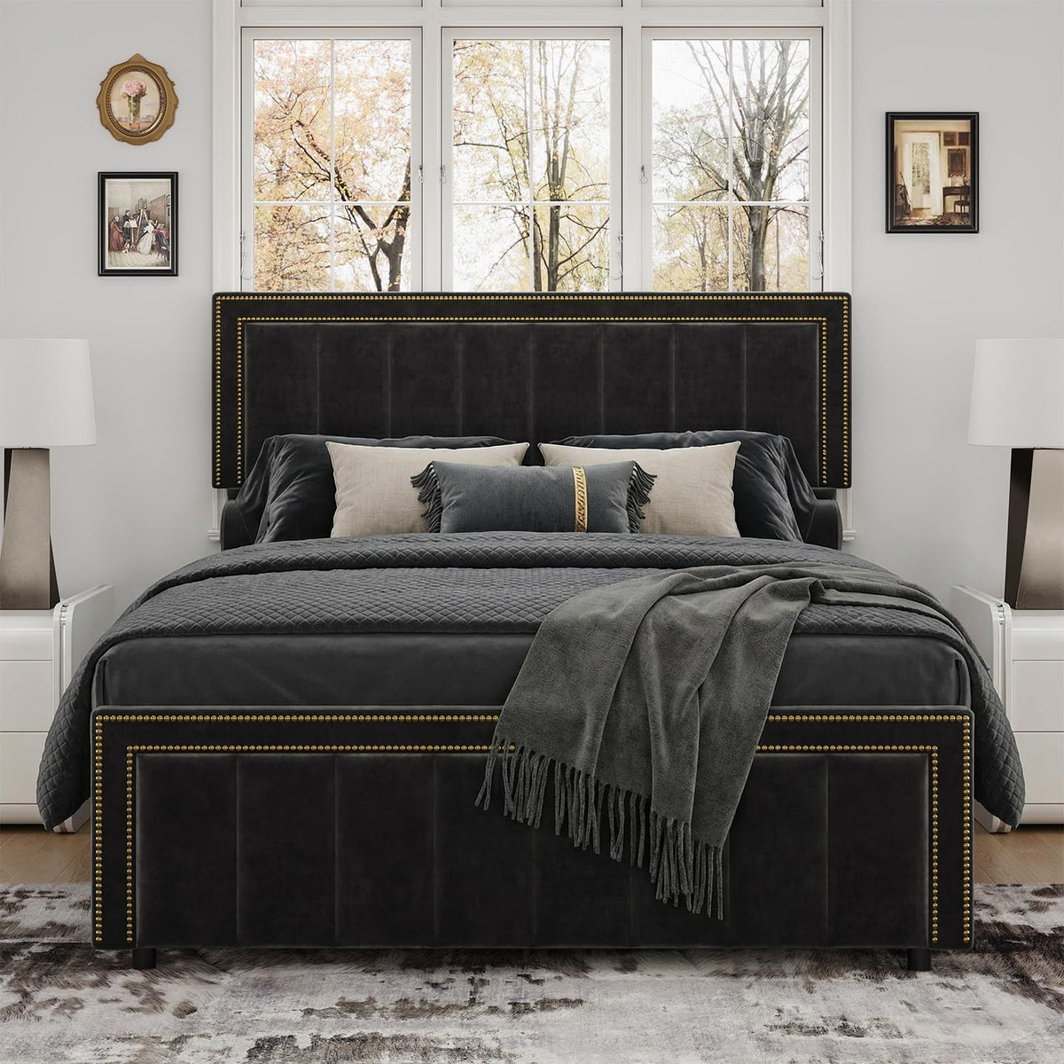 BarnFurin Full Size Bed Frame with 50" Tall Headboard and Footboard, Chenille Upholstered Platform Bed, Vertical Channel Tufting with Nailhead Trim, No Box Spring Needed, Easy Assembly, Black