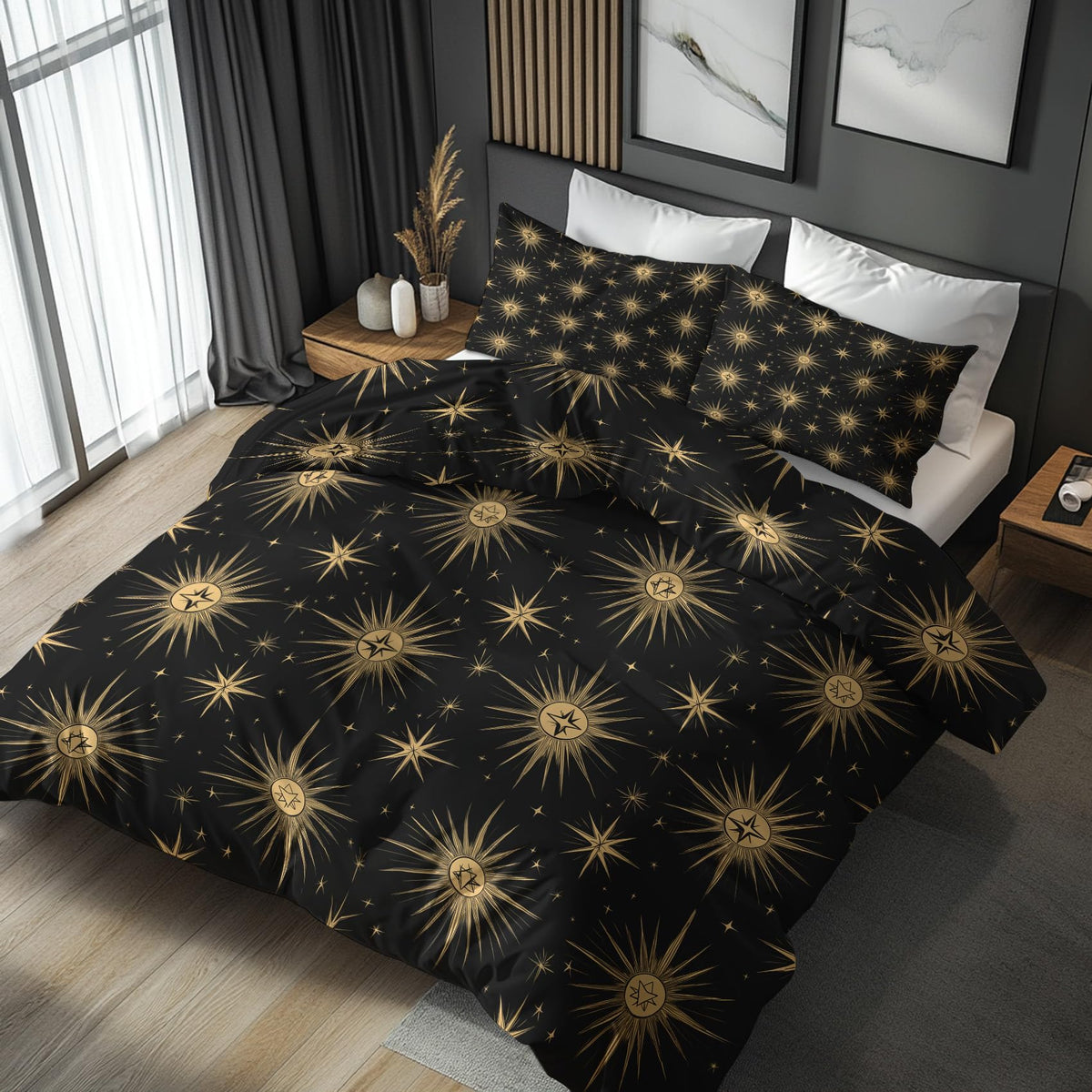 zcwl Atomic Duvet Cover Queen Size | Mid Century Modern Bedding Set | 3 Piece | Soft Microfiber Patterned Comforter Cover with Zipper Ties & 2 Pillowcases | Black Gold Retro Bedroom Decor