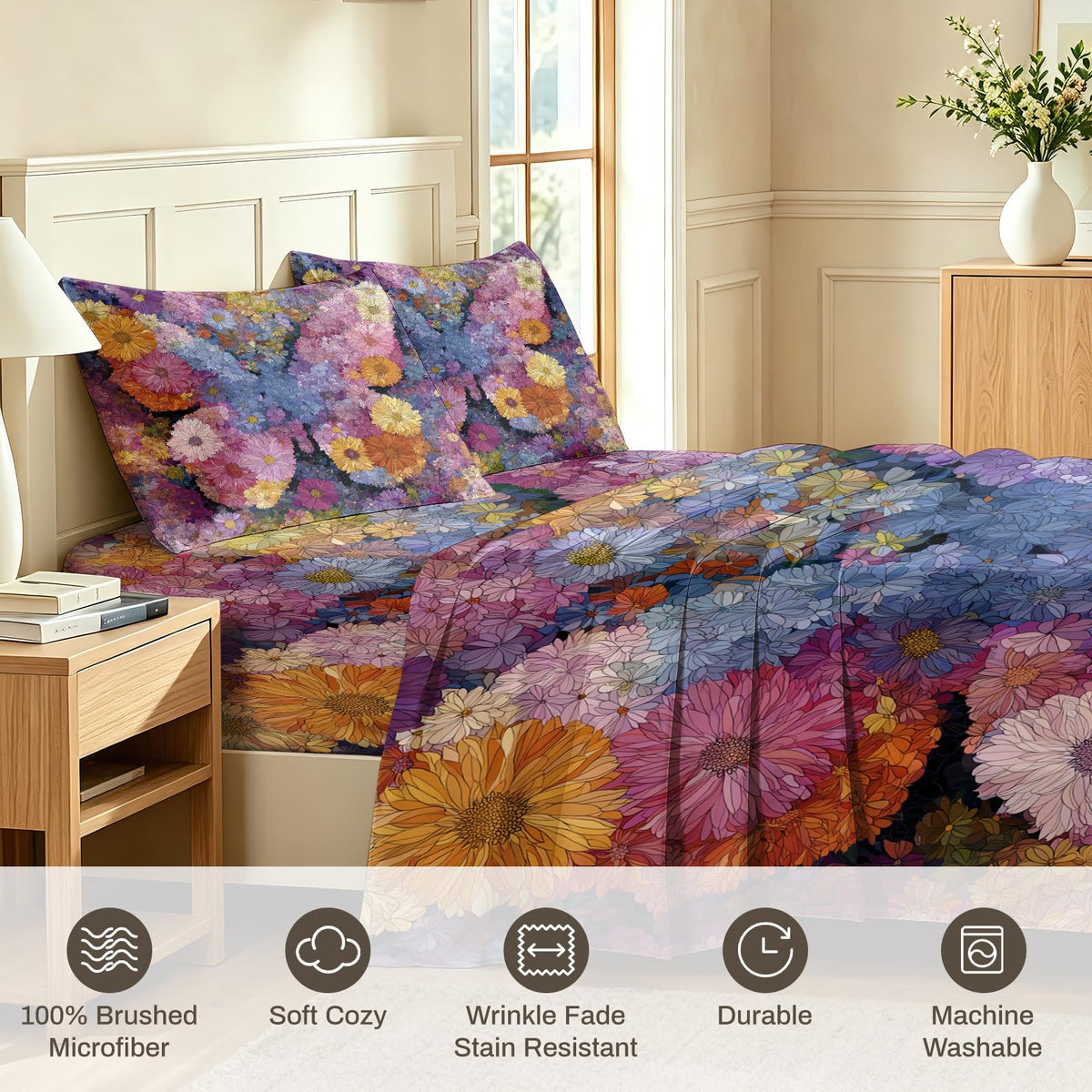 Daisy Flower Queen Bedding Set Girls Colorful Floral Sheet Sets