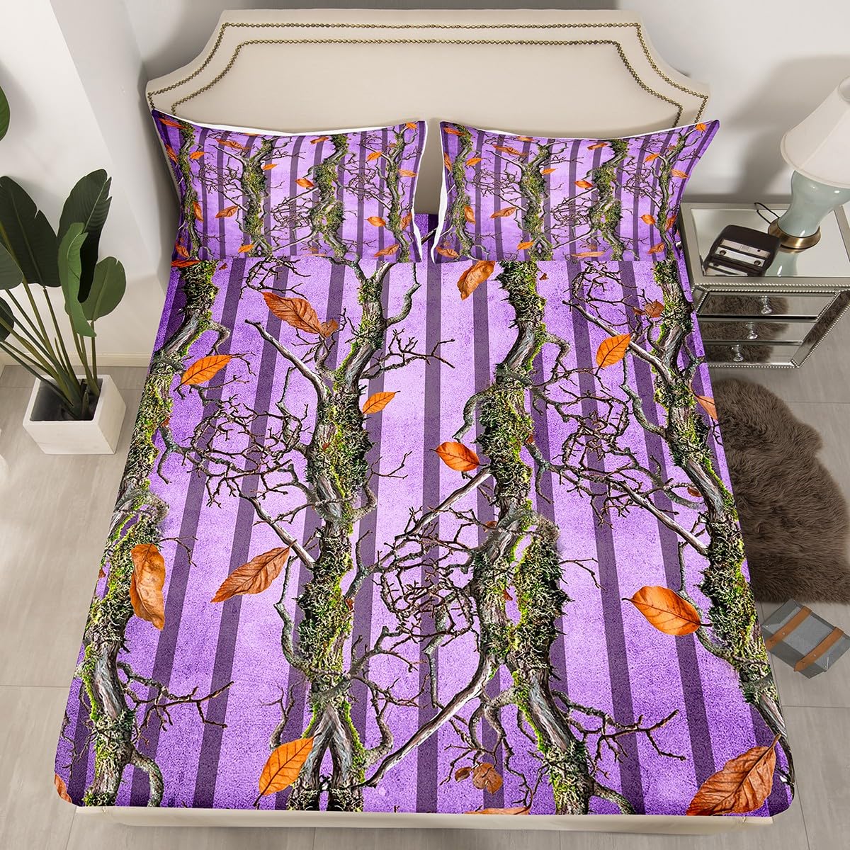 Tree Branches Kids Fitted Sheet Twin Size,Botanical Leaves Rustic Nature Bedding Set,Boys Girls Room Decor,Jungle Hunting Cabin Adventure Bed Cover,Purple Bed Sheet,1 Pillowcase(No Top Sheet)