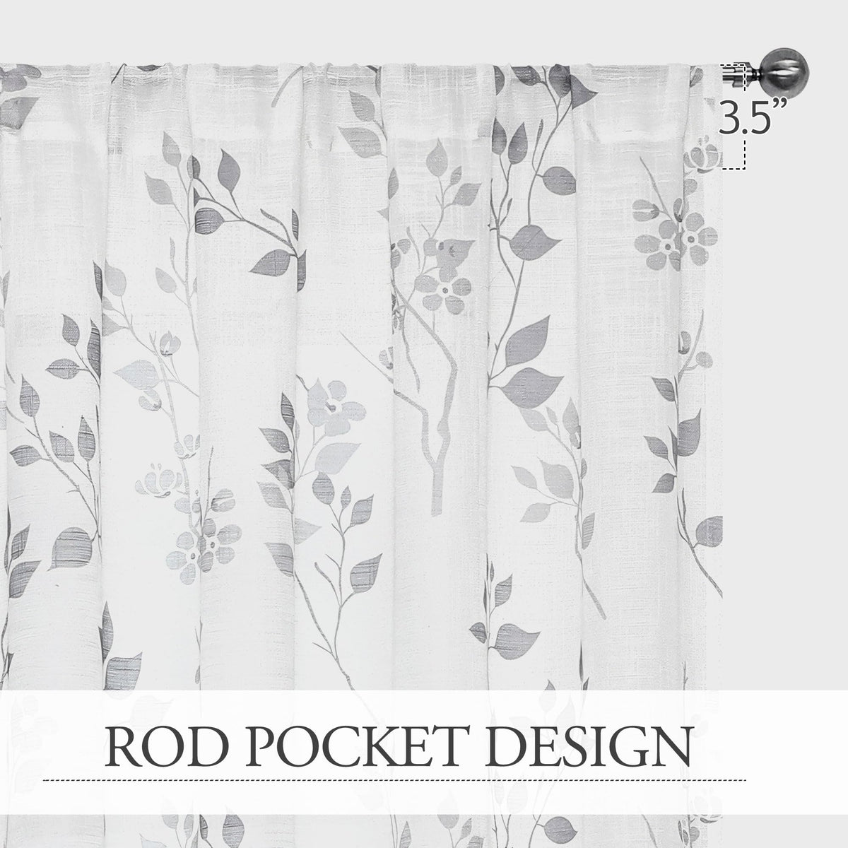 Beauoop Floral Linen Semi Sheer Curtains 54 Inches Long 2 Panels for Living Room Bedroom Grey Farmhouse Flower Patterned Light Filtering Textured Rod Pocket Window Treatments Drapes, 50x54 2 Set