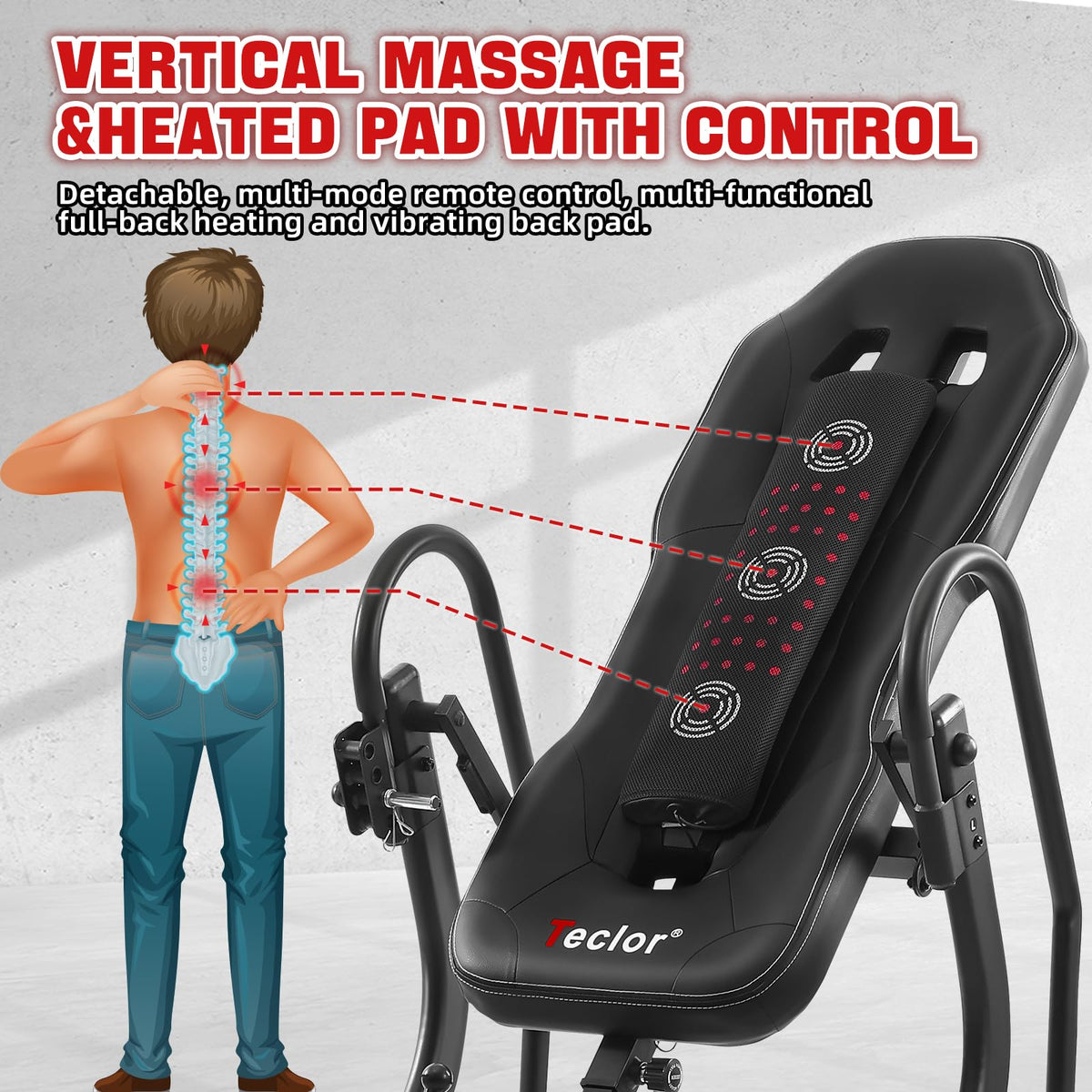 Teclor Inversion Table,Advanced Heat and Massage Function,Strength Training Inversion Table for Back Pain Relief,350 lbs Capacity with Thickened 3D Memory Foam backrest,Black