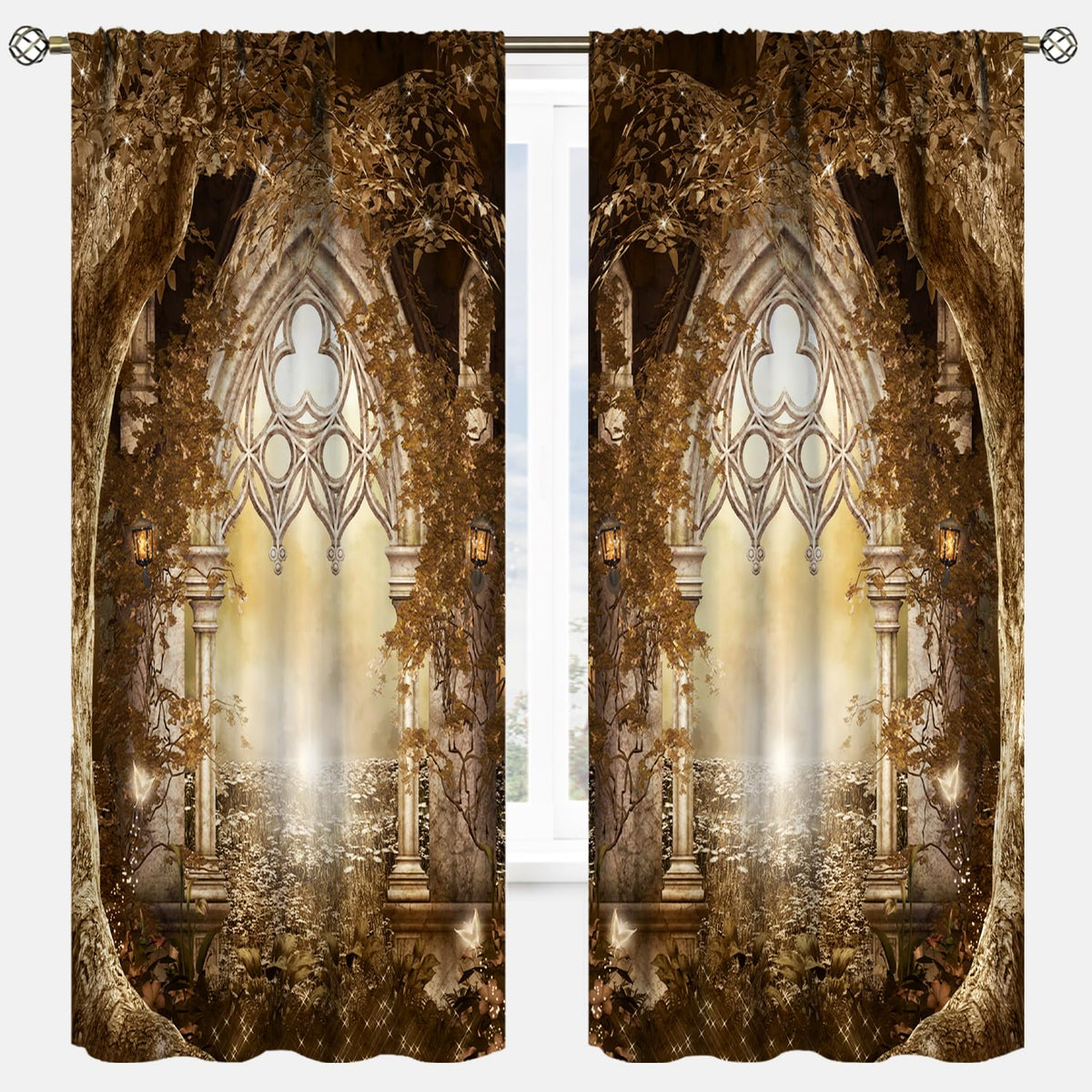 YCness Fantasy Nature Autumn Leaves Curtains, Landscape Golden Sparkle Gothic Fantasy Gate Magic Dreamland Fairy Window Treatments for Kitchen Living Room Bedroom Home, 2 Panels 42x45 Inch
