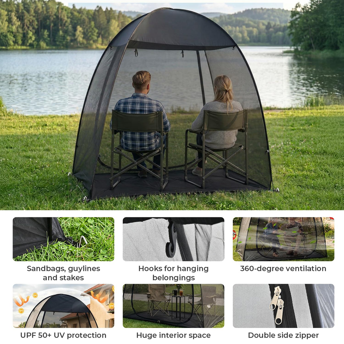 Alvantor® Pop Up Screen House Tent 6x6 FT, Snap-fit Black Mesh Screen Gazebo with Peaked Roof, Portable Screen Room Canopy Shelter with Sunshade & Sandbags for Camping, Backyard, Picnic