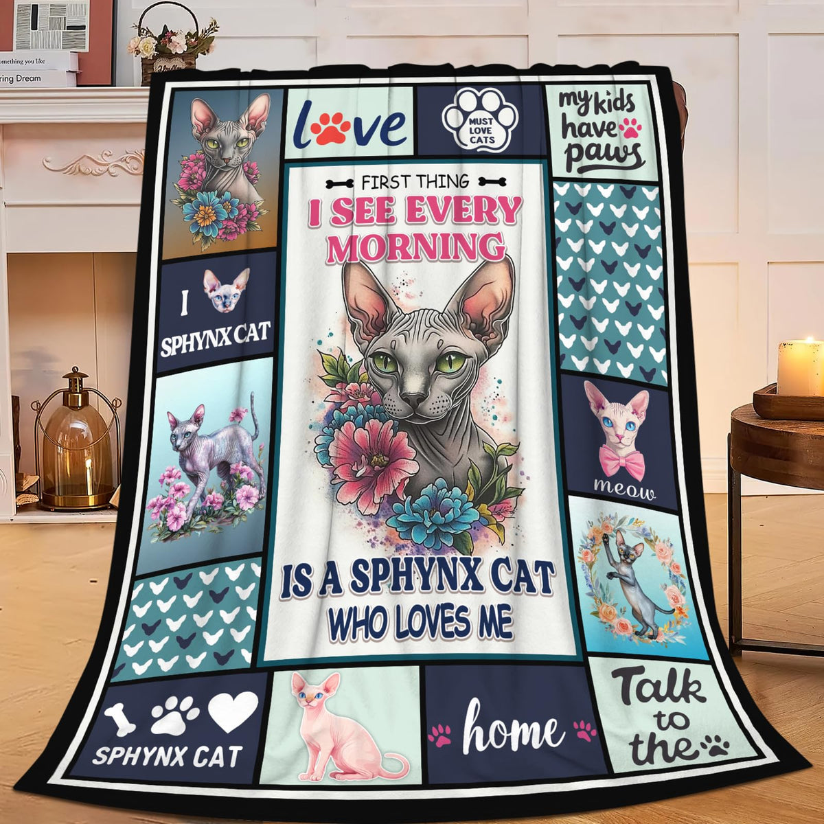 Lovira Sphynx Cat Throw Blanket Hairless Cat Print Throw Blankets Gifts for Couch Sofa Bed Stuff Decor Soft Cozy Fleece Plush Warm Flannel Bedding for Lover Men Women Boys Girls 40"x50"