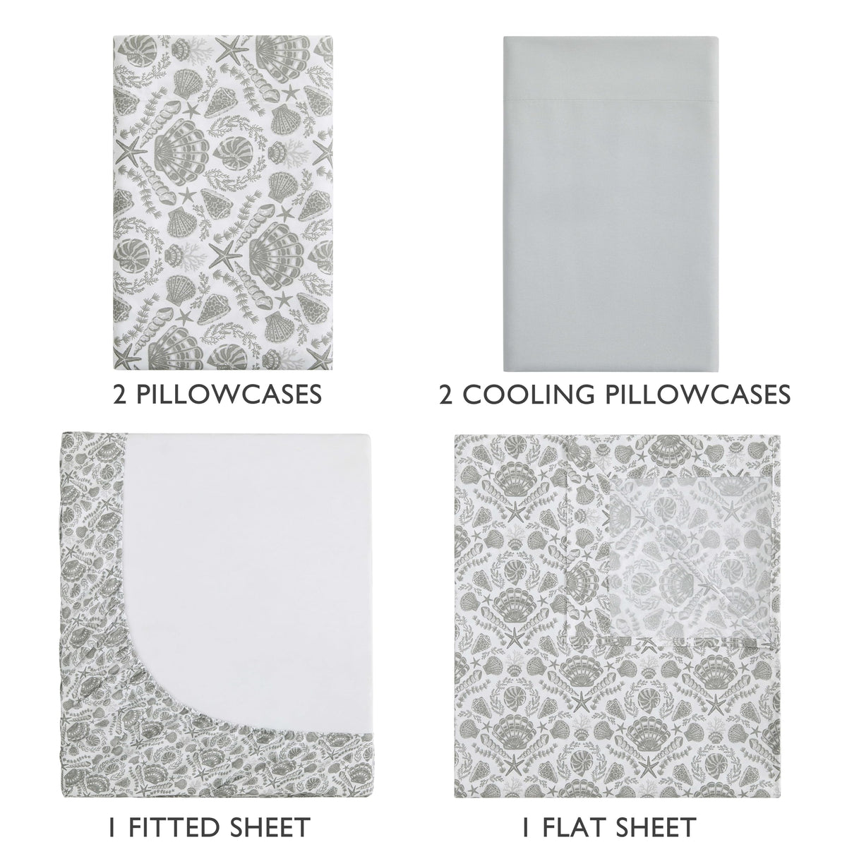 Caribbean Joe 6-Piece Sheet Set with Cooling Pillowcases, 12-inch Deep Pockets, Tropical Beach Coastal Design, Queen, Damask Shells