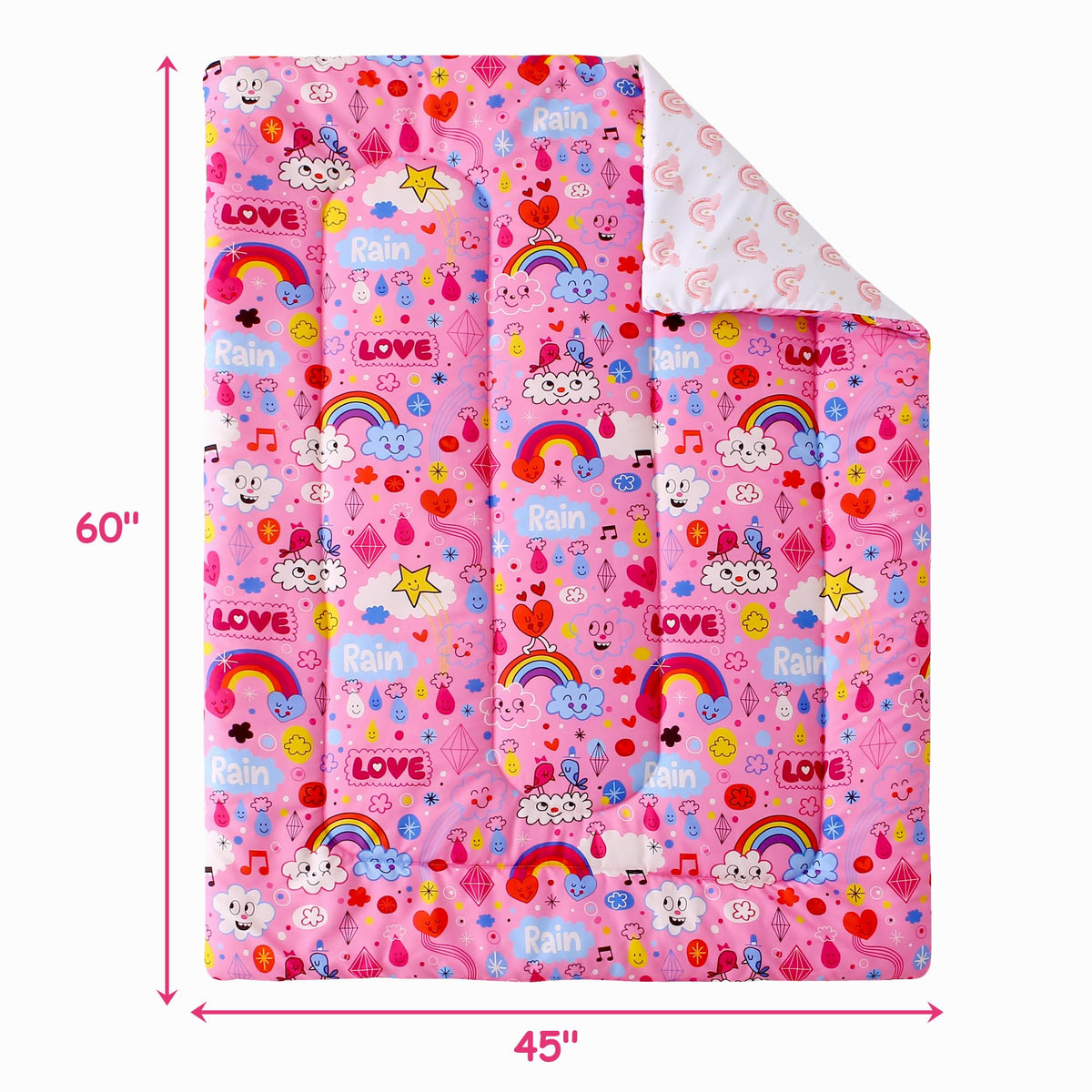 Mooreeke 4 Pieces Toddler Bedding Set - Pink Rainbow Cloud Toddler Comforter Sets for Girls, Includes Comforter, Flat Sheet, Fitted Sheet and Pillowcase, Bed in A Bag for Baby Bedroom