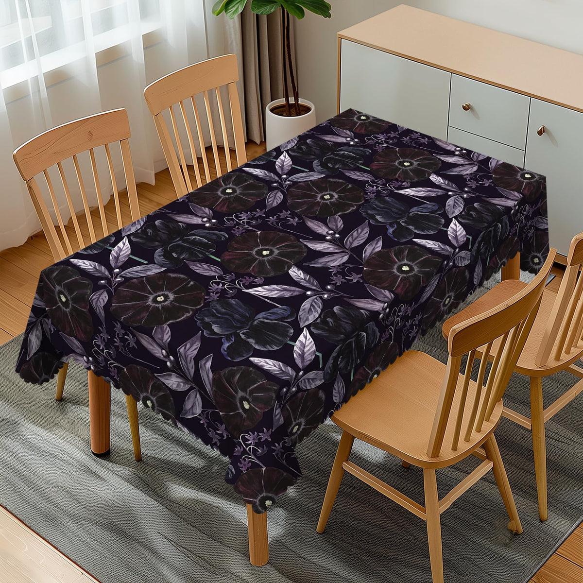 GOUROISE Floral Black Rectangular Tablecloth, Purple Flowers 54x72 Inch Wavy Lace Border Polyester Table Cloth for Dining, Kitchen, Parties