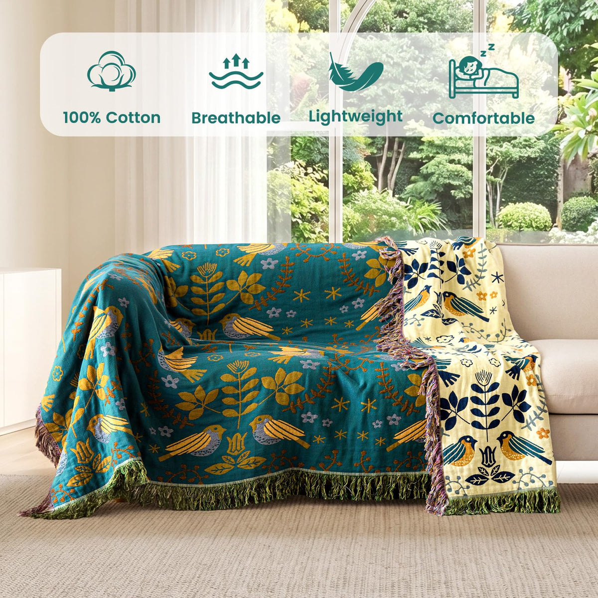 MSGKV Boho Throw Blanket 100% Cotton Blankets for Bed Couch 60"x80", Summer Breathable Farmhouse Bird Blankets Quilt Muslin Home Decor