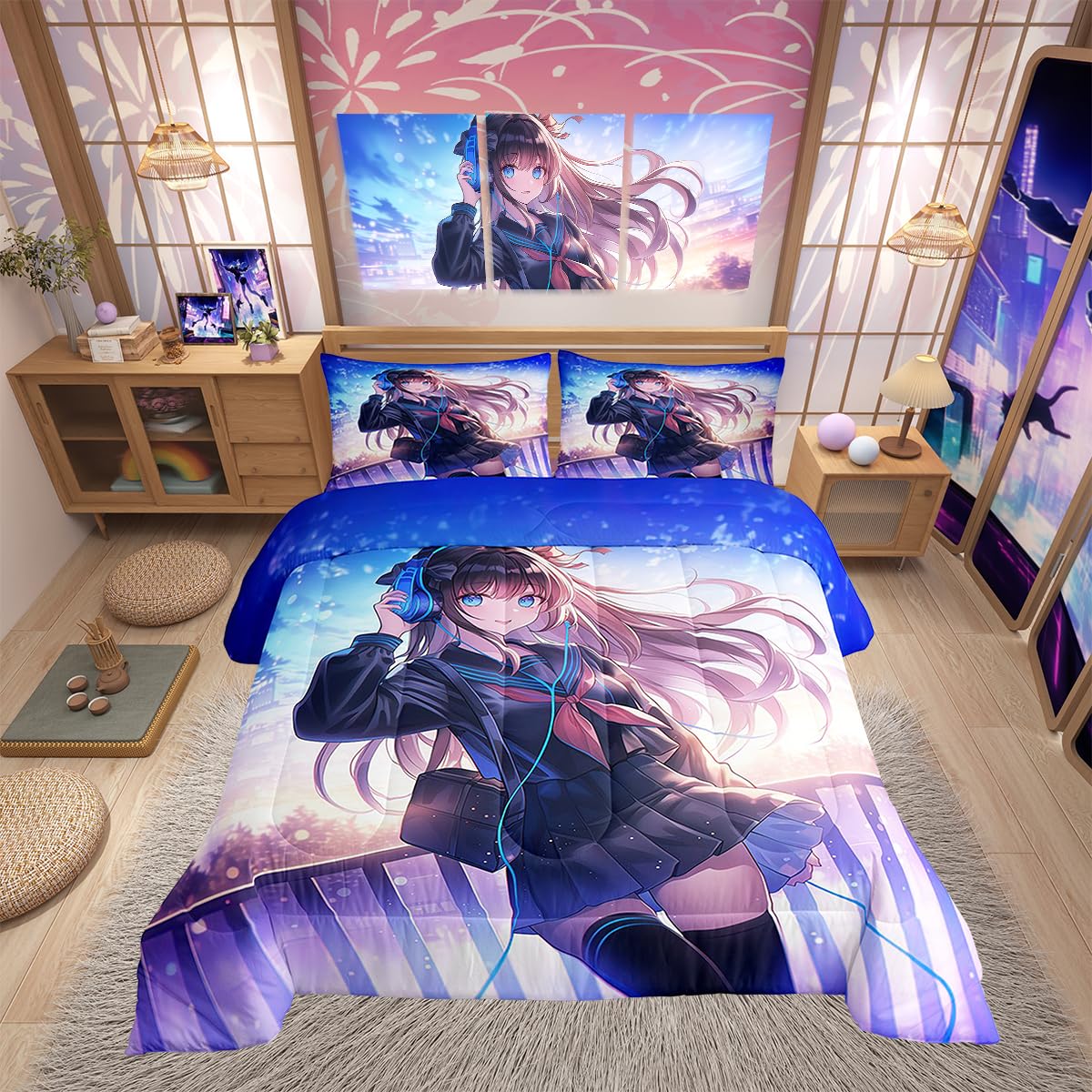 Erosebridal Anime Girl Bedding Set Twin Size, Japanese Anime Comforter Set for Kids Boys Teens Bedroom Decor, Cartoon Girl Duvet Insert Kawaii Japanese Animation Quilt with 1 Pillow Case