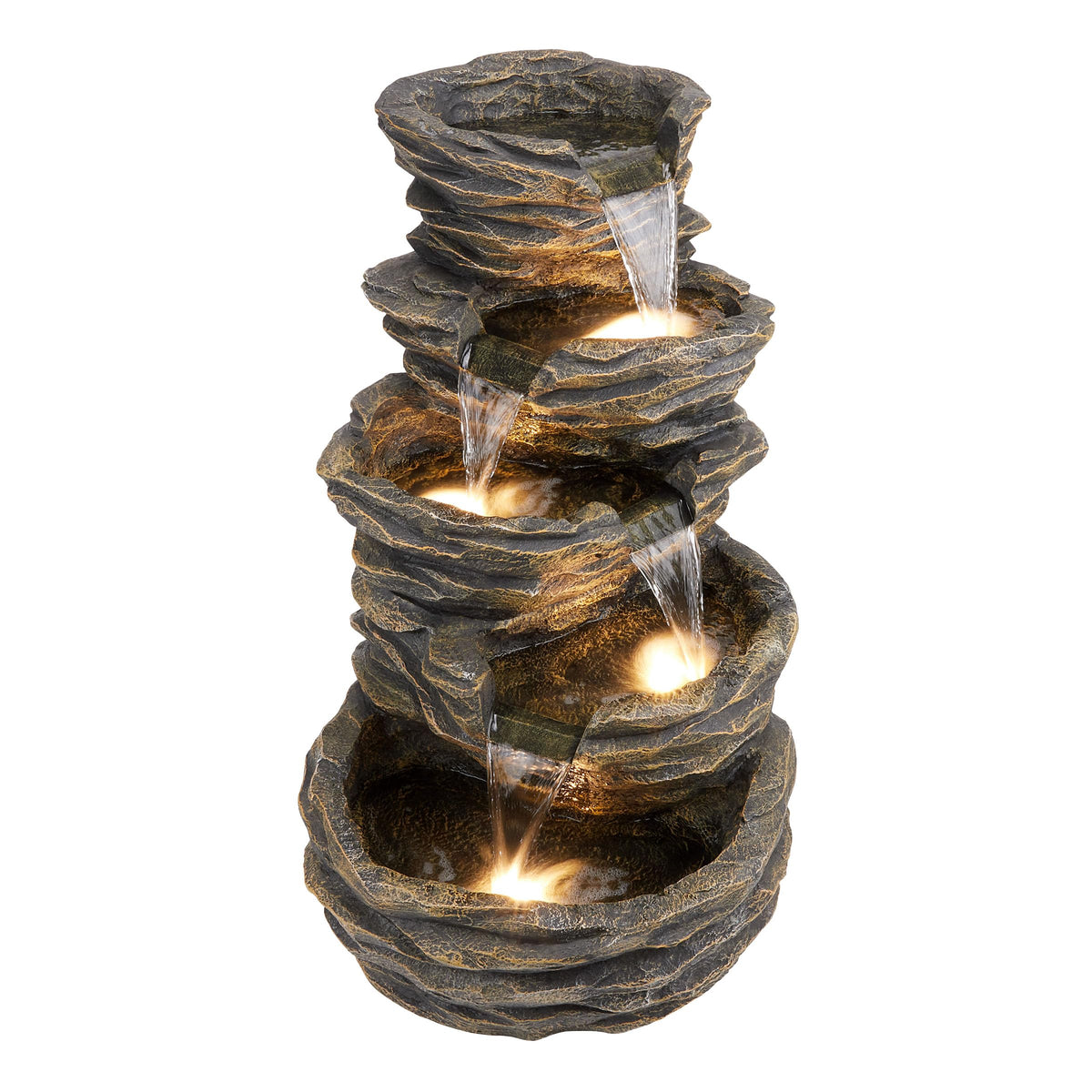 Alpine Corporation 39" Tall Outdoor 5 Tiered Natural Look Rock Water Floor Fountain with Replaceable Lights, Brown