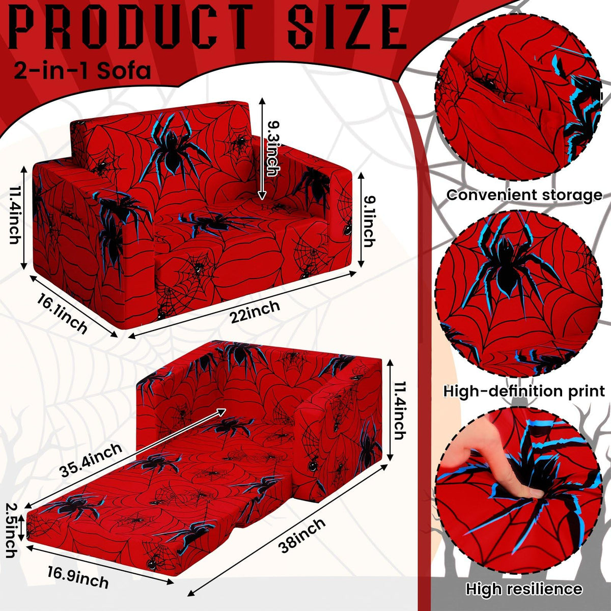 Sliner Kids Sofa 2-in-1 Flip-Out Chair Convertible Fold Out Kids Couch to Lounger Foam Soft Toddler Chairs Comfy Flipout Seat with Washable Cover for Ages 3 and up for Playroom Bedroom(Spider)