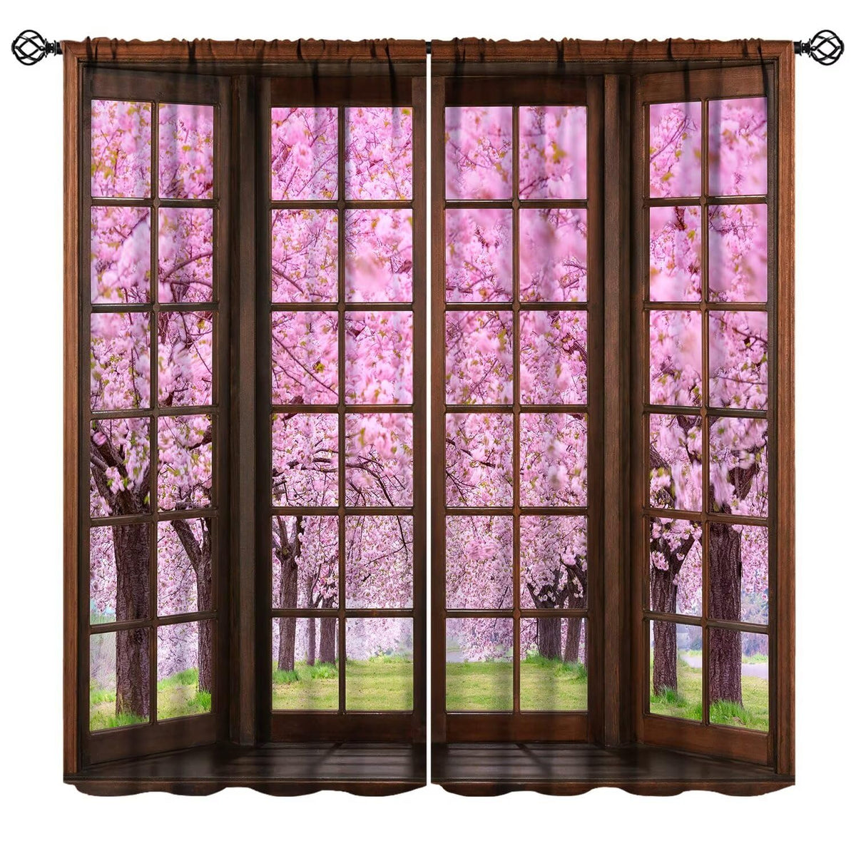 Mchenxin Cherry Blossom Landscape Curtains, Spring Natural Park Scenery Japanese Pink Pink Cherry Blossom Window Drapes Curtains for Farmhouse Bedroom Living Room, 42x45in (No Blackout)