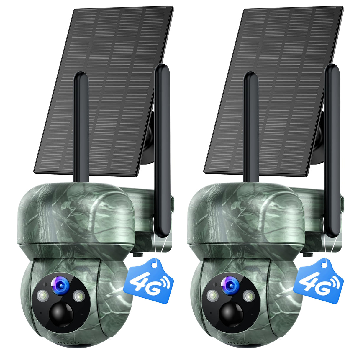2Pack 4G LTE Cellular Trail Camera Solar: 2K Game Cameras Built-in SIM Card Hunting Cameras Wireless Battery with PTZ 360° Color Night Vision Motion Activated IP66 for Wildlife(No Support WiFi)