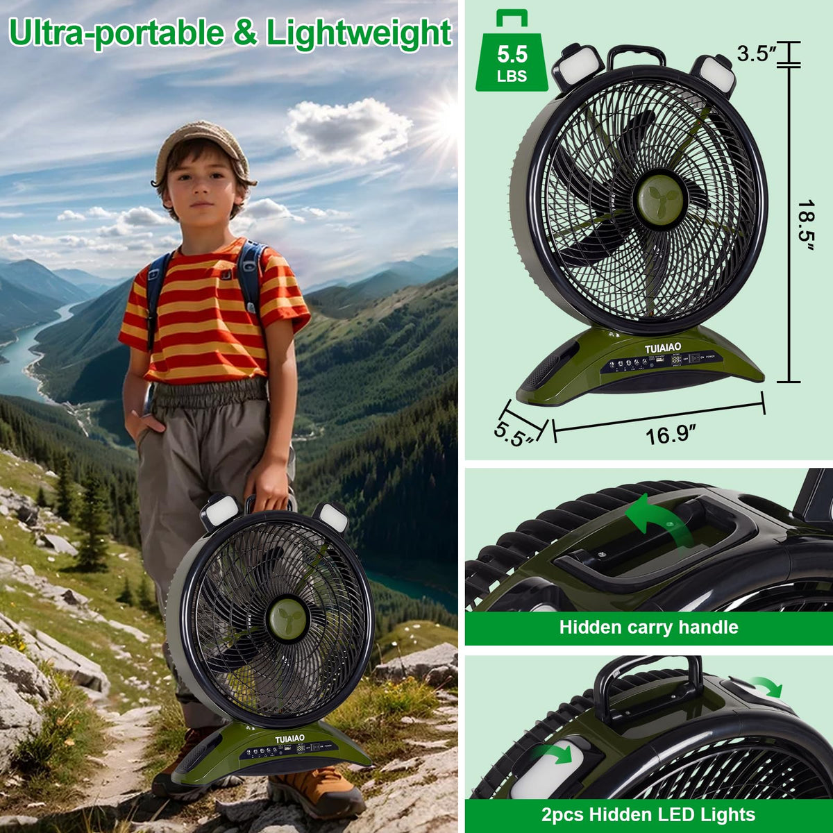 TUIAIAO Large 45000mAh Battery Operated Camping Fan, 12-Inch Blades Portable Rechargeable Outdoor Fan with 5 Speed Display, 1040CFM High Airflow, Cordless Floor Fan with Timer for Garage, BBQ