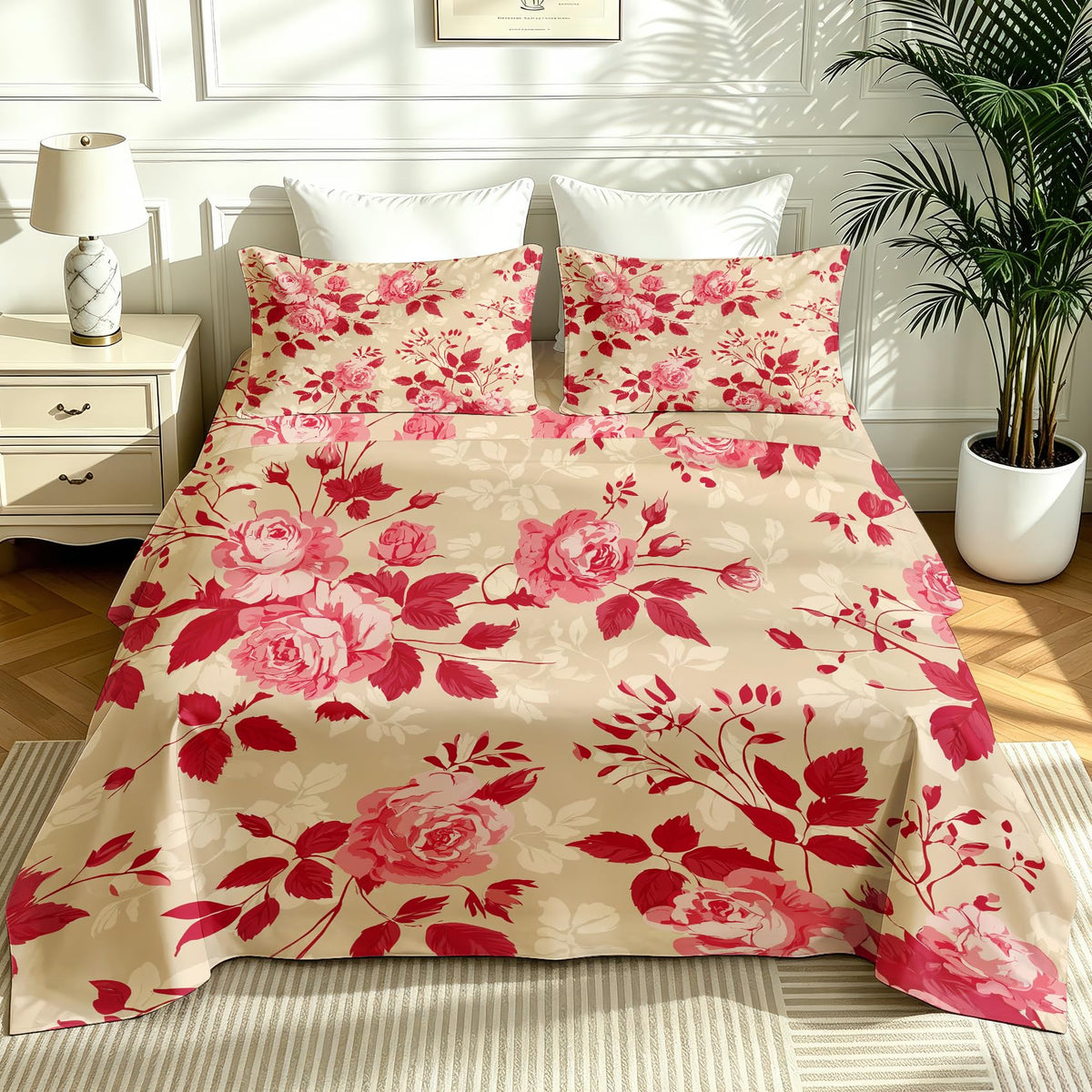 Red Rose California King Sheet Set 4 Pcs Vintage Floral Bed Sheets