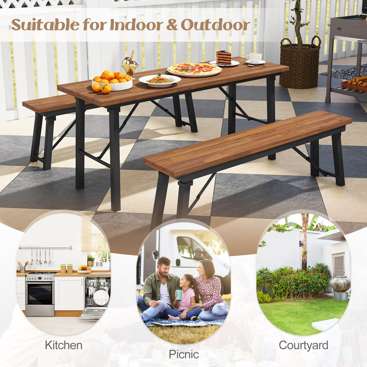 Tangkula Outdoor Dining Table With Benches for 4-6 Persons, No Assembly Foldable 59 Inches Narrow Patio Dining Table with Acacia Wood Top & Heavy Duty Metal Frame, for Yard, Garden, Poolside or Indoor