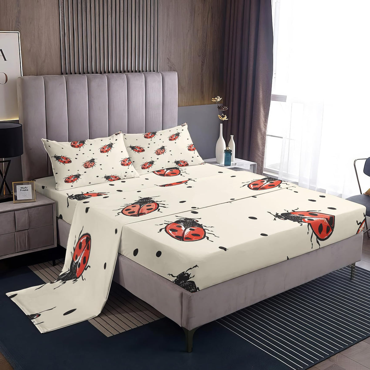 Rejkxyw King Size Sheets Set Ladybug - Insect Bed Sheets - Ladybugs Sheet Set - 12 Inch Deep Pocket - Ultra Soft Winkle Free Microfiber Bedding Sheets & Pillowcases 4 Piece